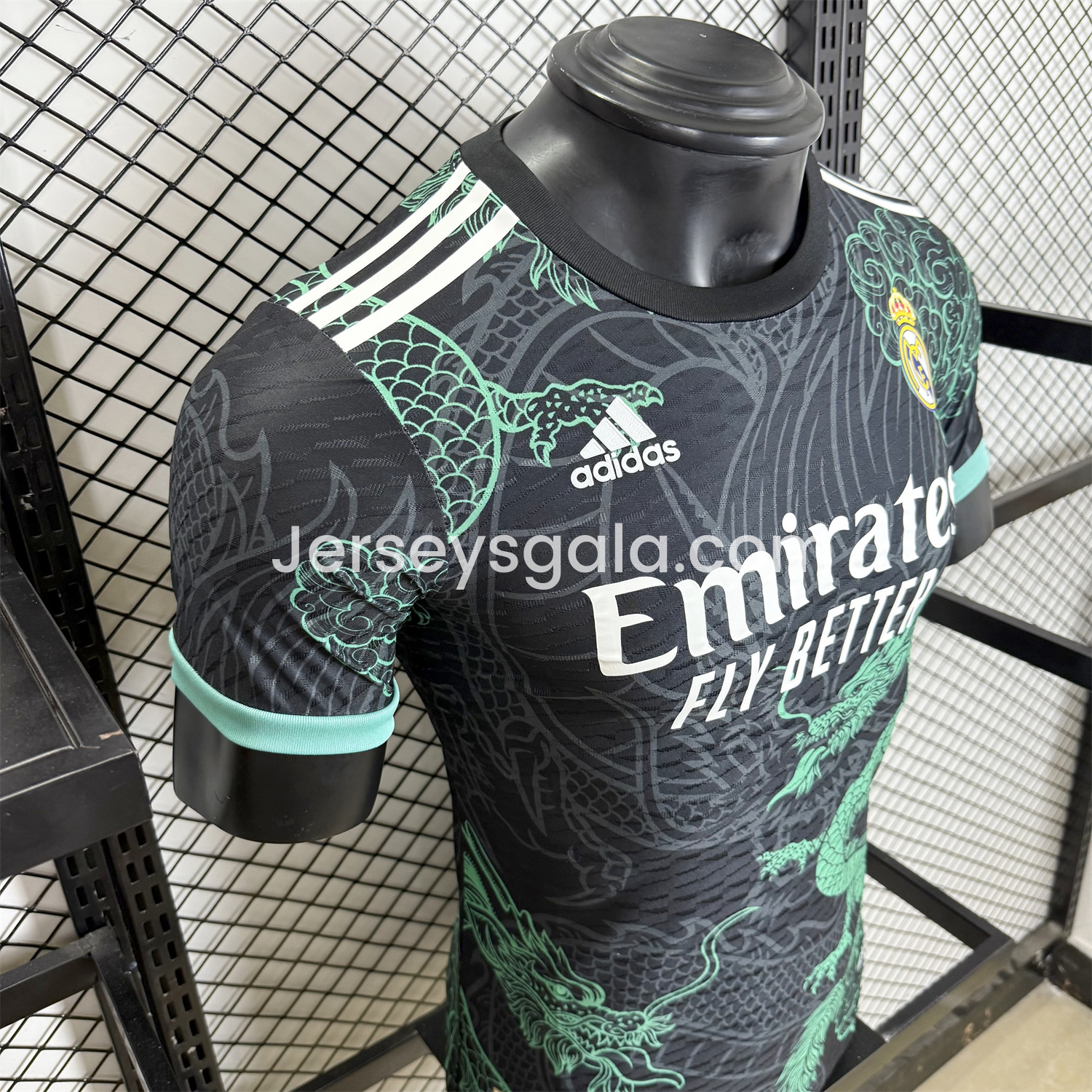 JerseysGala.com | Real Madrid 25-26 Green Dragon Soars Black Jersey - Player Version -Customize Name, Number and Patch | Worldwide Shipping