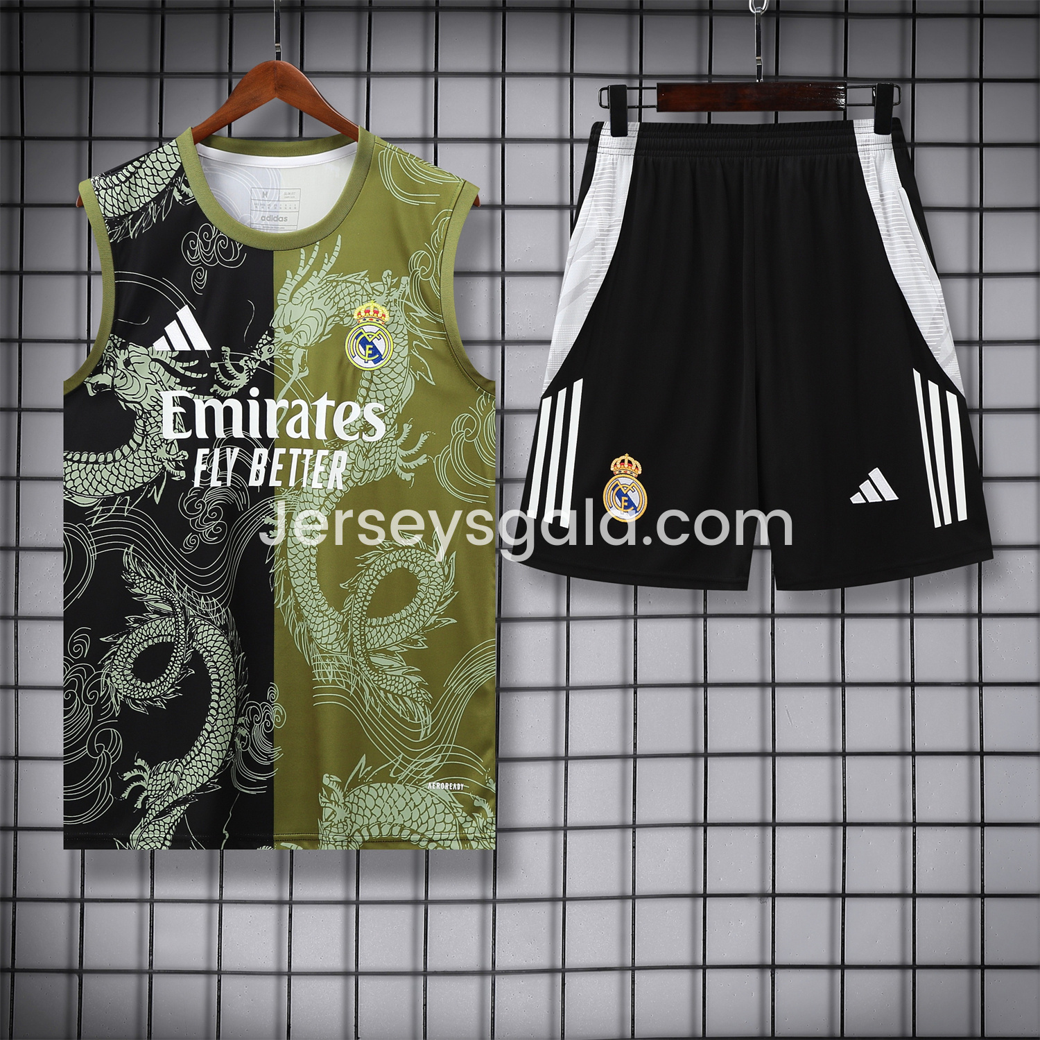 JerseysGala.com | Real Madrid 25-26 Vest Training Set - Green-Black Dragon Vest & Black-White Shorts -Customize Name, Number and Patch | Worldwide Shipping