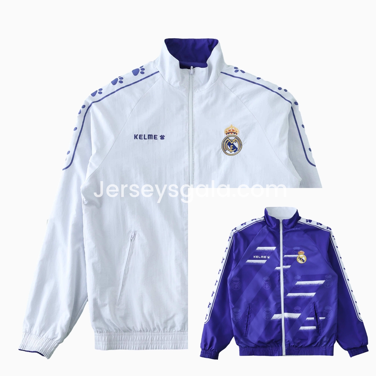 JerseysGala.com | Retro Real Madrid 1995-96 Home & Away Double Sided Reversible Windbreaker - White & Purple -Customize Name, Number and Patch | Worldwide Shipping