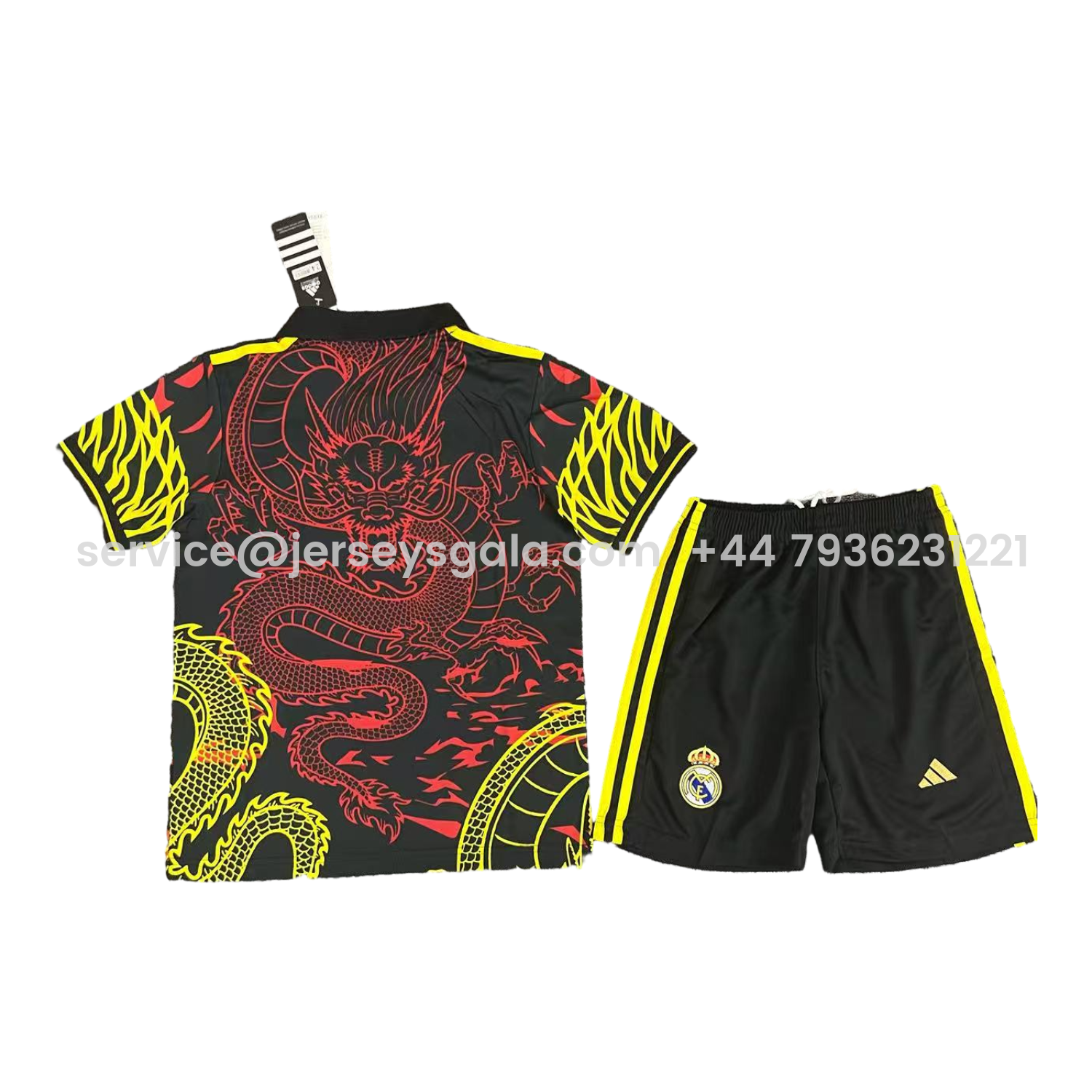 JerseysGala.com | Real Madrid 25-26 Yellow And Red Dragon Black Special Kids Kit -Customize Name, Number and Patch | Worldwide Shipping
