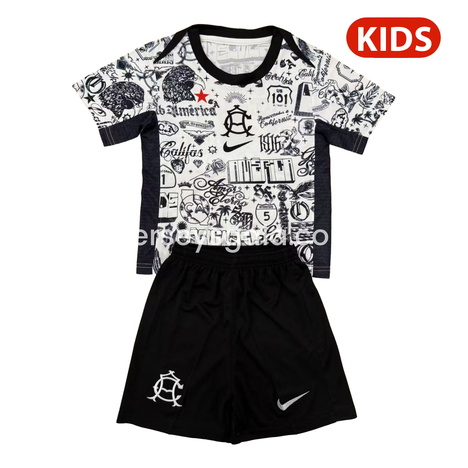 JerseysGala.com | Club América 24-25 Pre-match Black and White Graffiti Training Kids Kit -Customize Name, Number and Patch | Worldwide Shipping