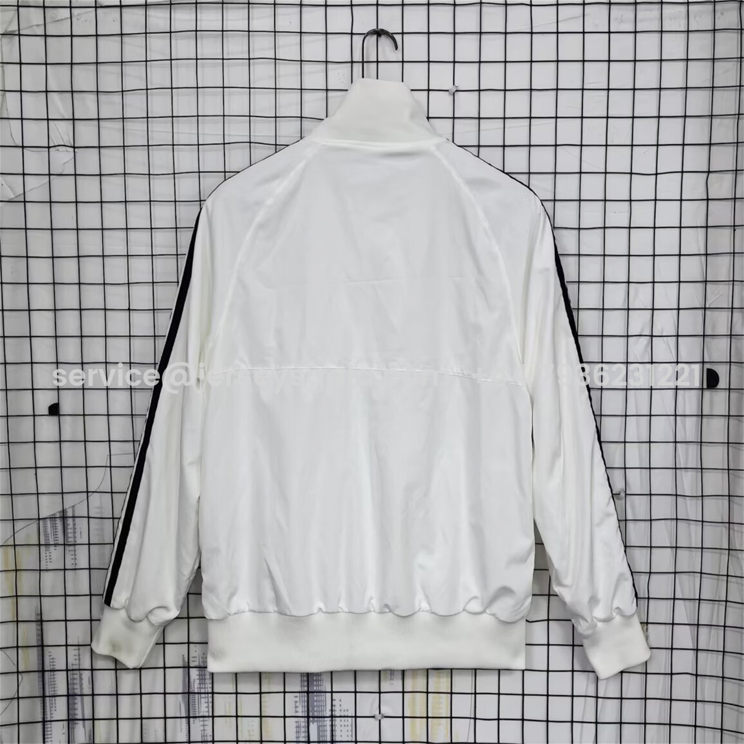JerseysGala.com | Real Madrid 25-26 Windbreaker Jacket - White With Black Lines -Customize Name, Number and Patch | Worldwide Shipping