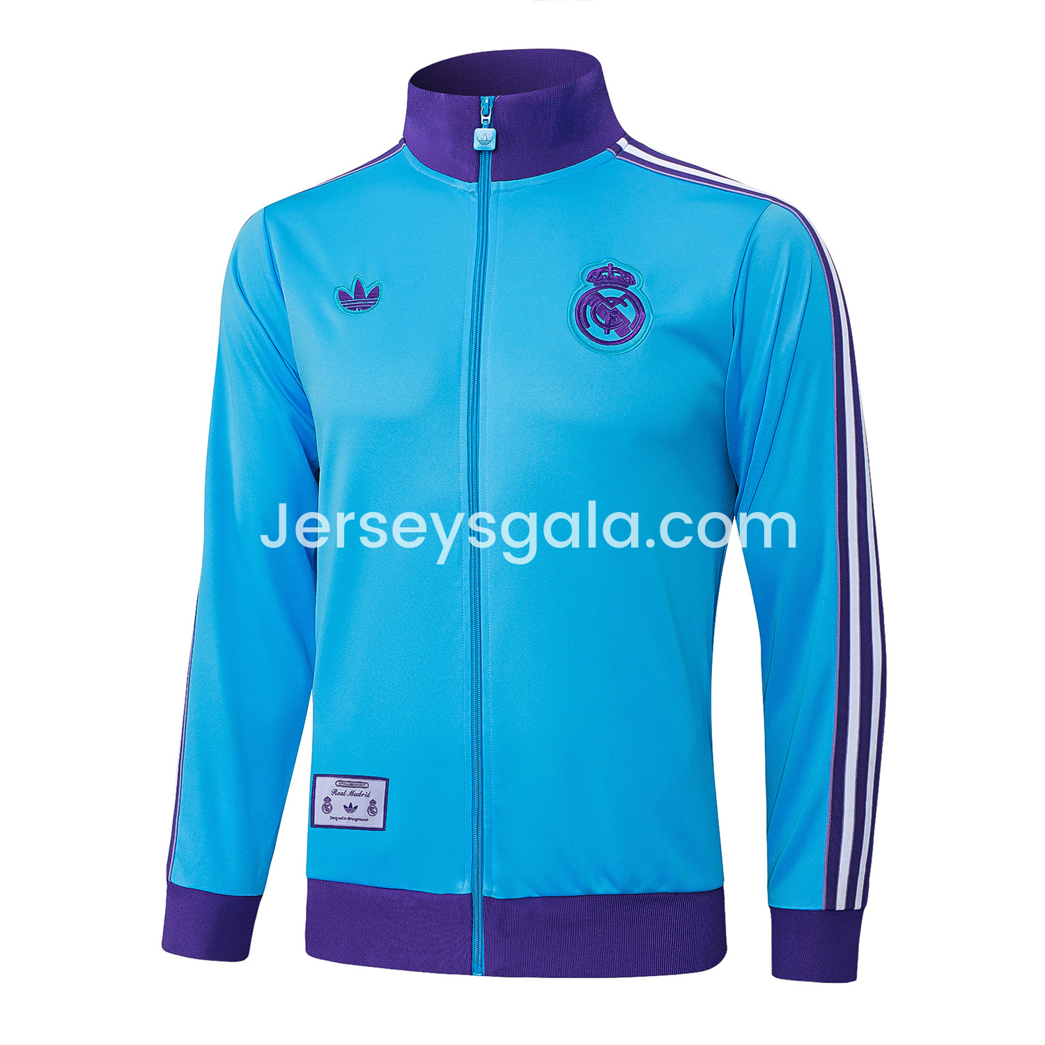 JerseysGala.com | Real Madrid 25-26 Throwback Trefoil Jacket Training Tracksuit - Blue Jackets & Purple Pants -Customize Name, Number and Patch | Worldwide Shipping