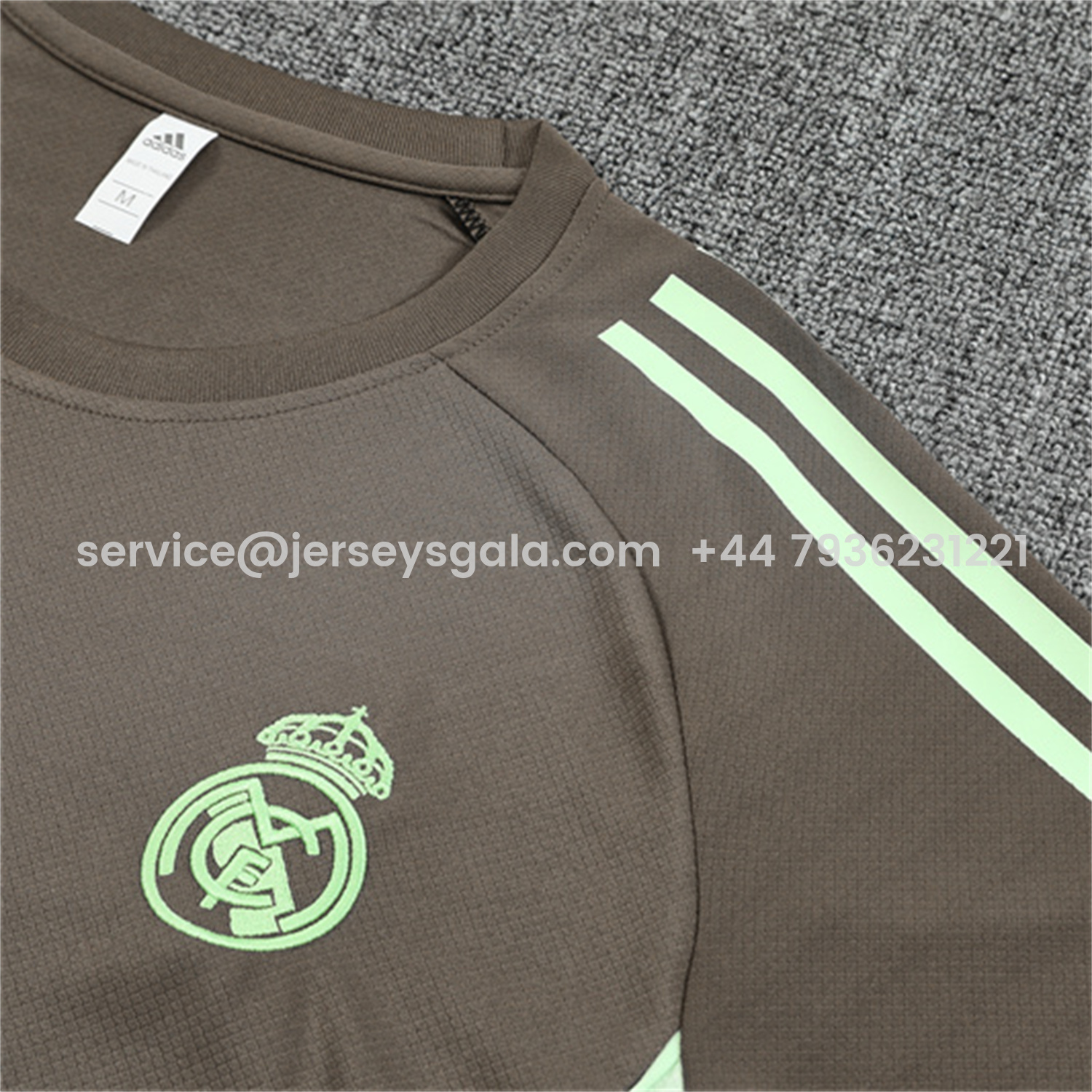JerseysGala.com | Real Madrid 25-26 Kids Short-Sleeve Training Set - Dark Khaki Top and Shorts -Customize Name, Number and Patch | Worldwide Shipping