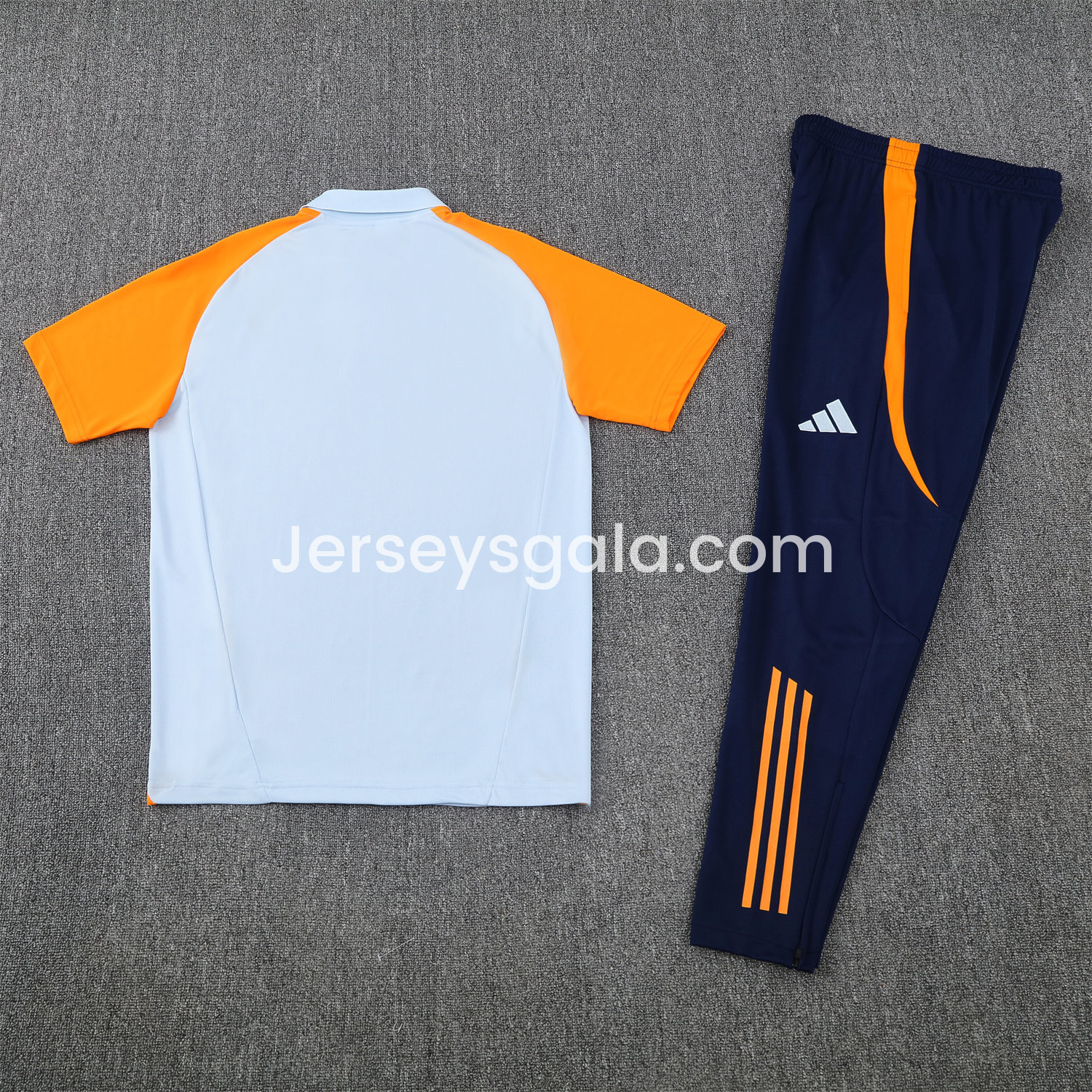 JerseysGala.com | Real Madrid 25-26 POLO Short-Sleeve Training Set - Light Blue Top and Deep Blue Pants -Customize Name, Number and Patch | Worldwide Shipping