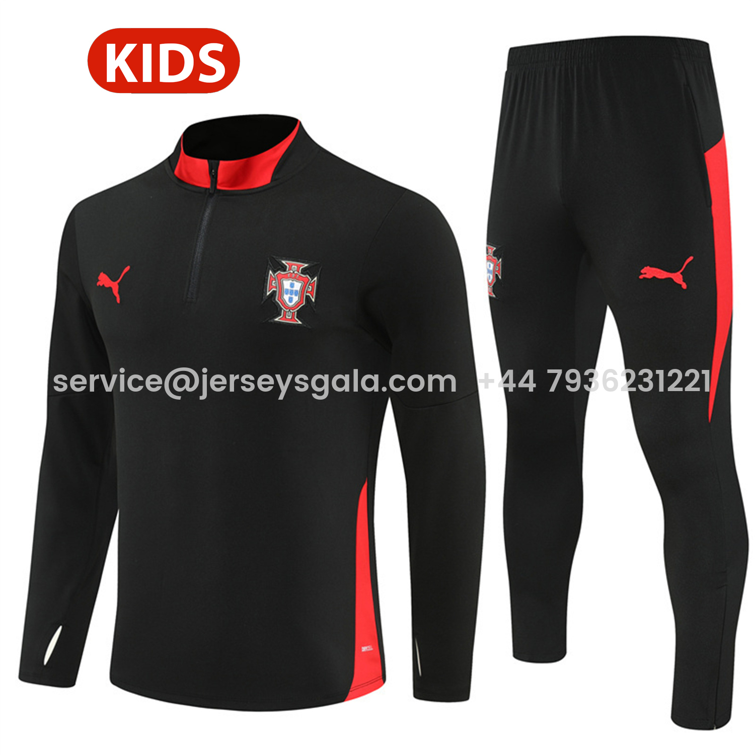 JerseysGala.com | Portugal 25-26 Kids Long Sleeve Training Set - Black Top & Black Pants -Customize Name, Number and Patch | Worldwide Shipping