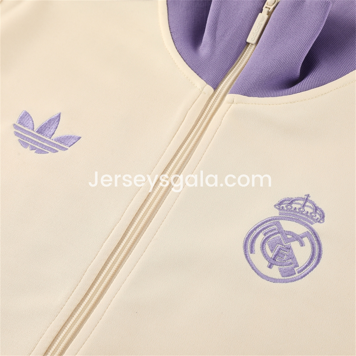 JerseysGala.com | Real Madrid 24-25 Throwback Jacket Training Tracksuit - Off-white Jackets & Purple Pants -Customize Name, Number and Patch | Worldwide Shipping