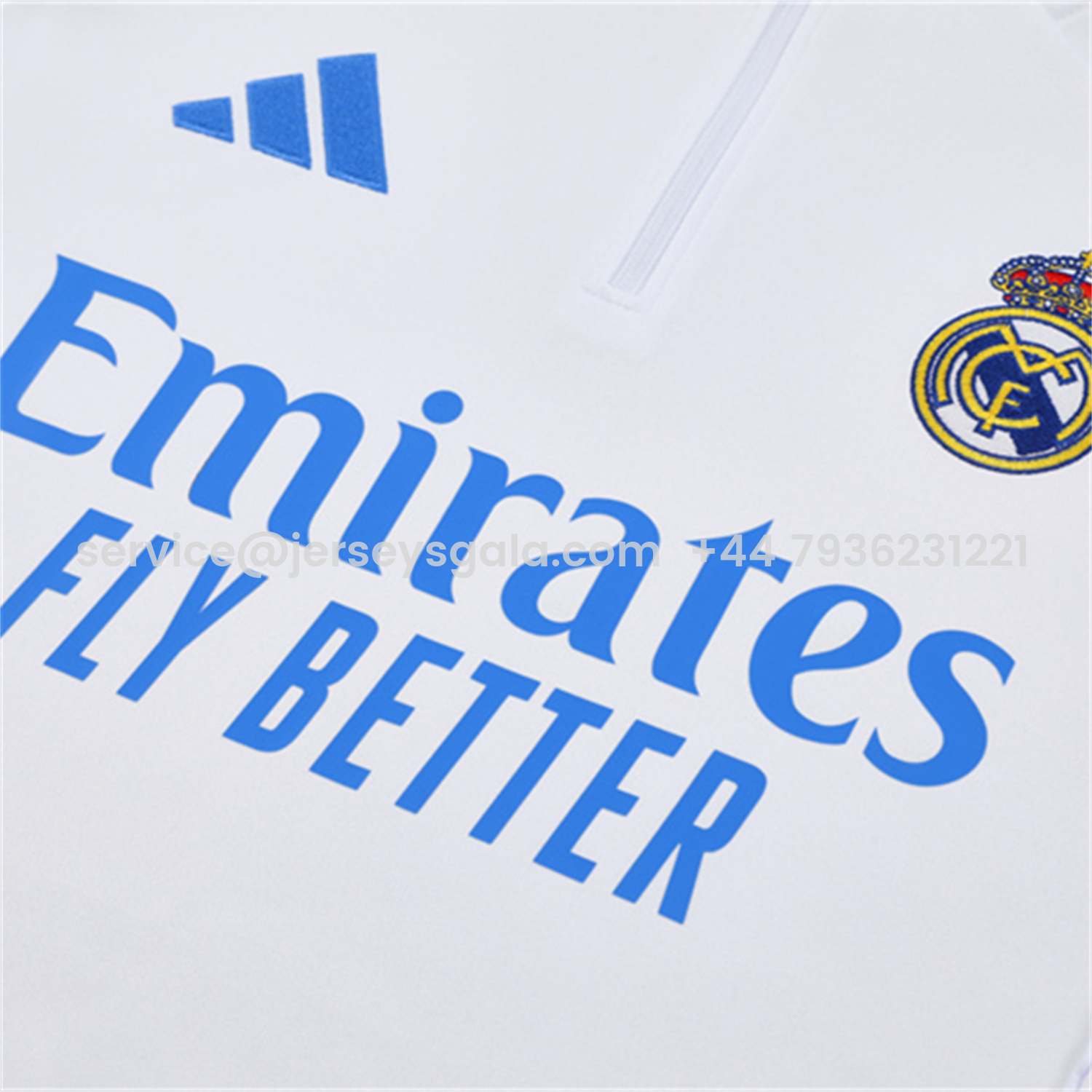 JerseysGala.com | Real Madrid 25-26 Kids Long Sleeve Training Set - White Top & Blue Pants -Customize Name, Number and Patch | Worldwide Shipping