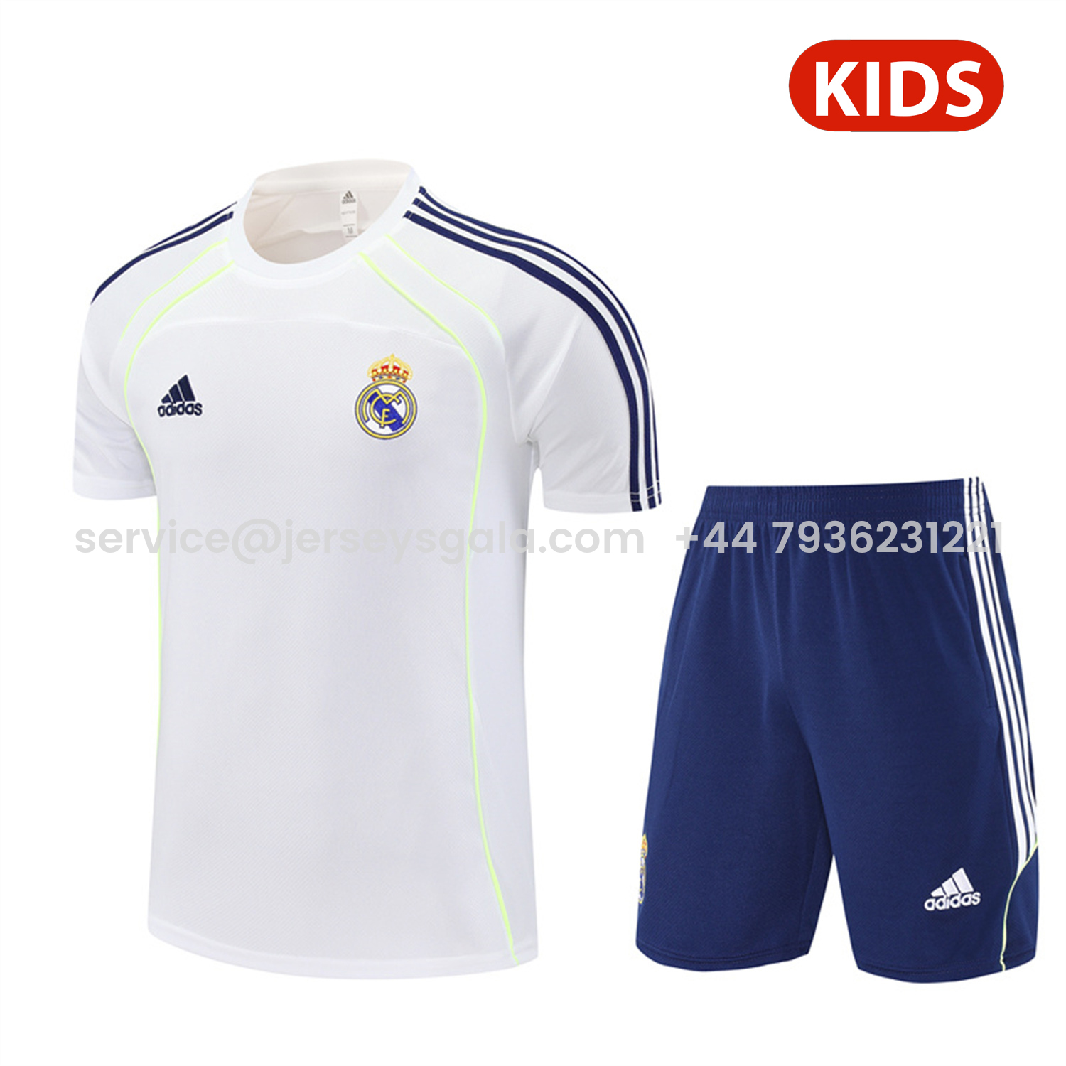 JerseysGala.com | Real Madrid 25-26 Kids Short-Sleeve Training Set - White Urban Purist Style Top and Blue Shorts -Customize Name, Number and Patch | Worldwide Shipping