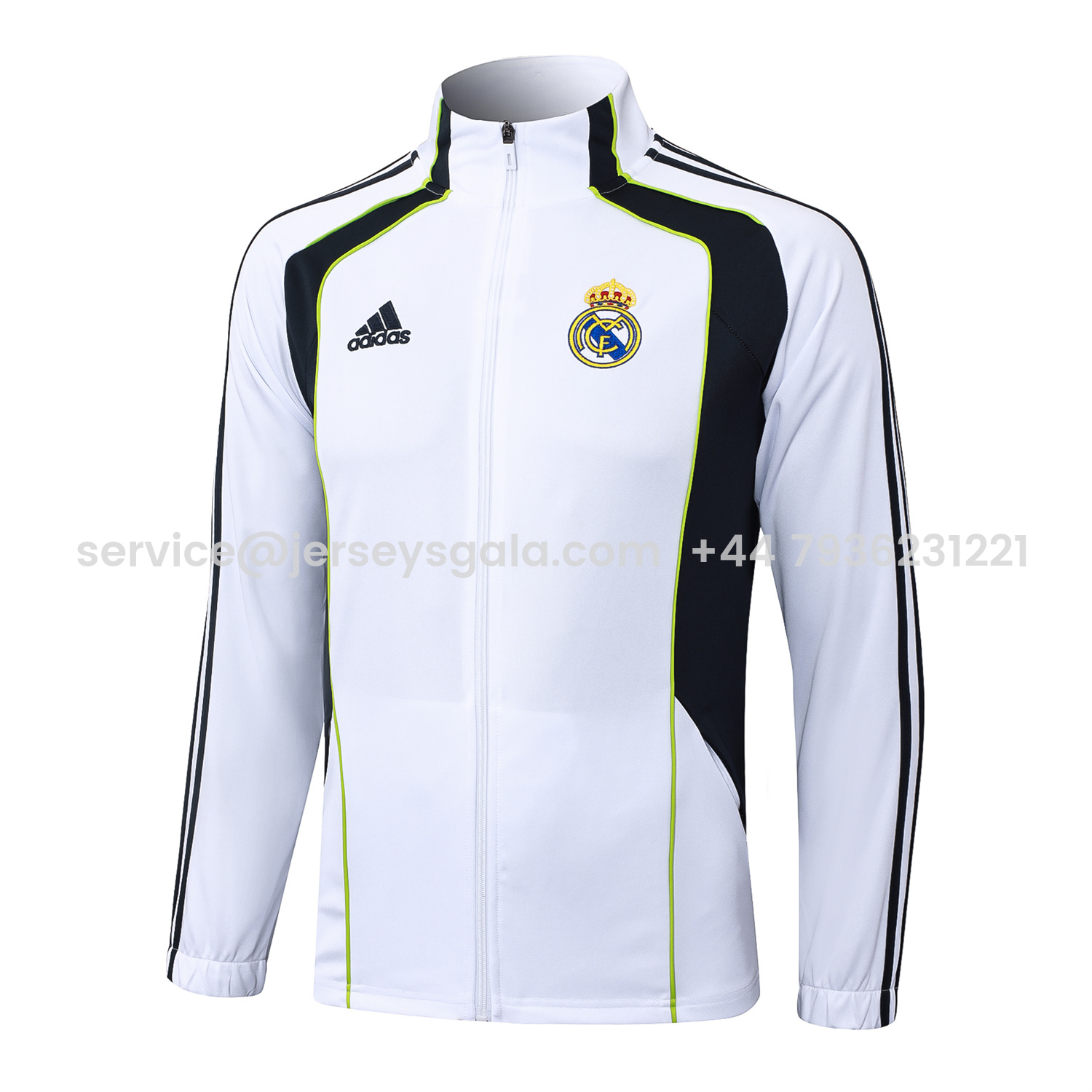 JerseysGala.com | Real Madrid 25-26 Jacket Training Tracksuit - White Throwback Jackets & Black Pants -Customize Name, Number and Patch | Worldwide Shipping