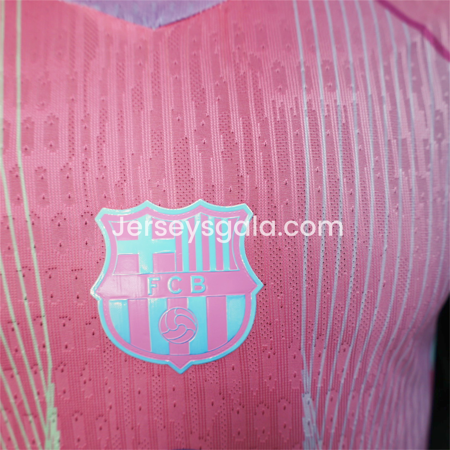 JerseysGala.com | Barcelona 25-26 Pink and Light Blue Stripes Jersey - Player Version -Customize Name, Number and Patch | Worldwide Shipping
