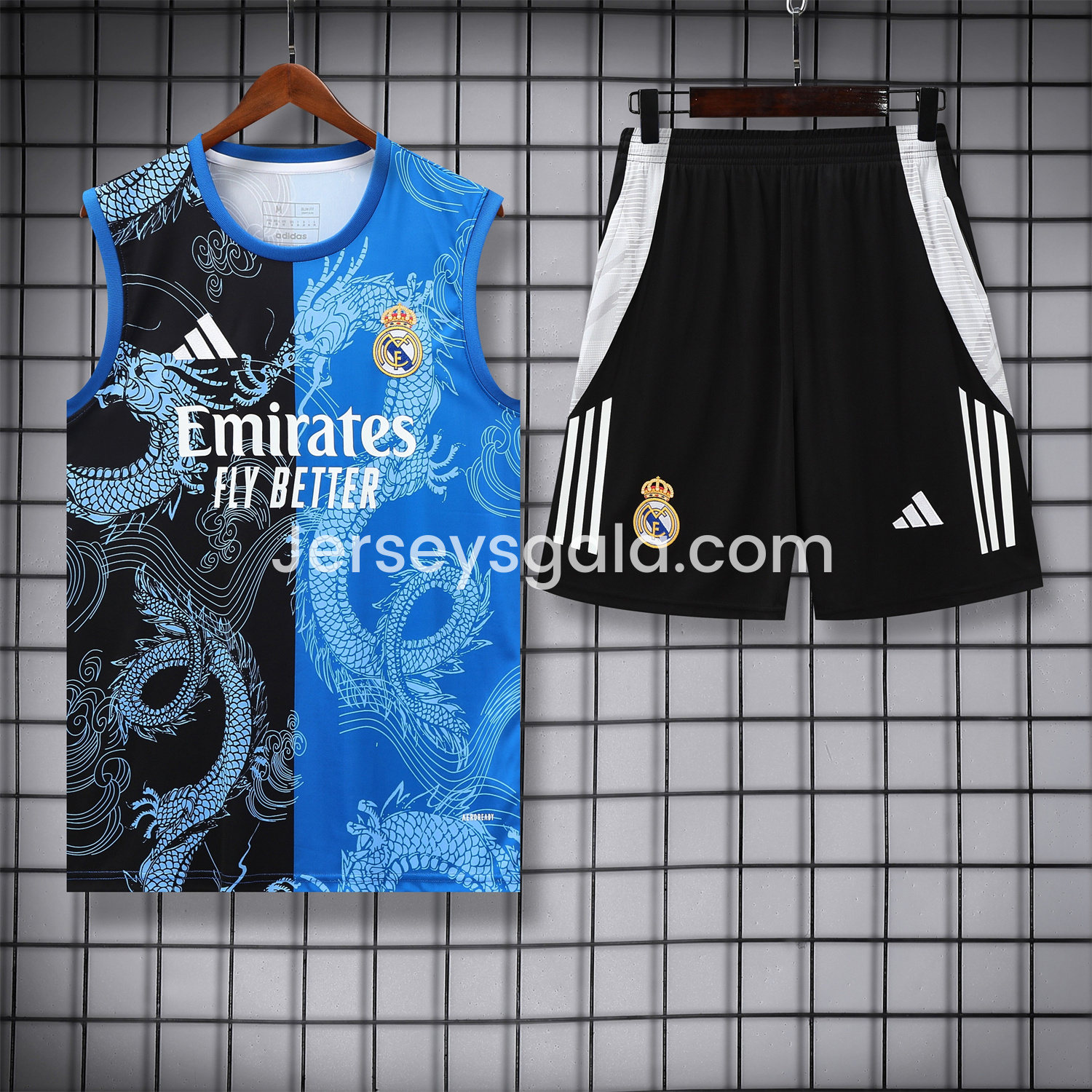 JerseysGala.com | Real Madrid 25-26 Vest Training Set - Blue Black Dragon Vest & Black-White Shorts -Customize Name, Number and Patch | Worldwide Shipping