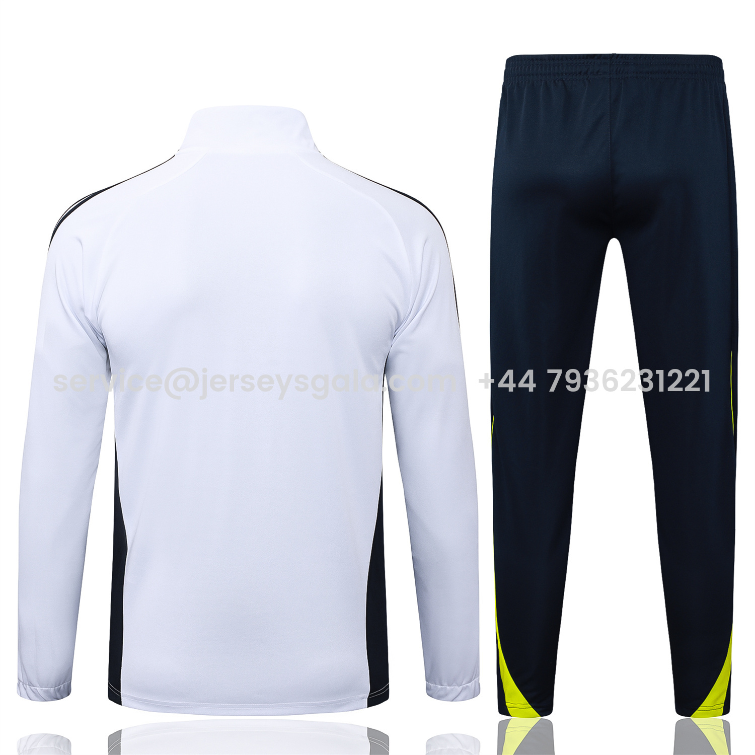 JerseysGala.com | Real Madrid 25-26 Jacket Training Tracksuit - White Throwback Jackets & Black Pants -Customize Name, Number and Patch | Worldwide Shipping