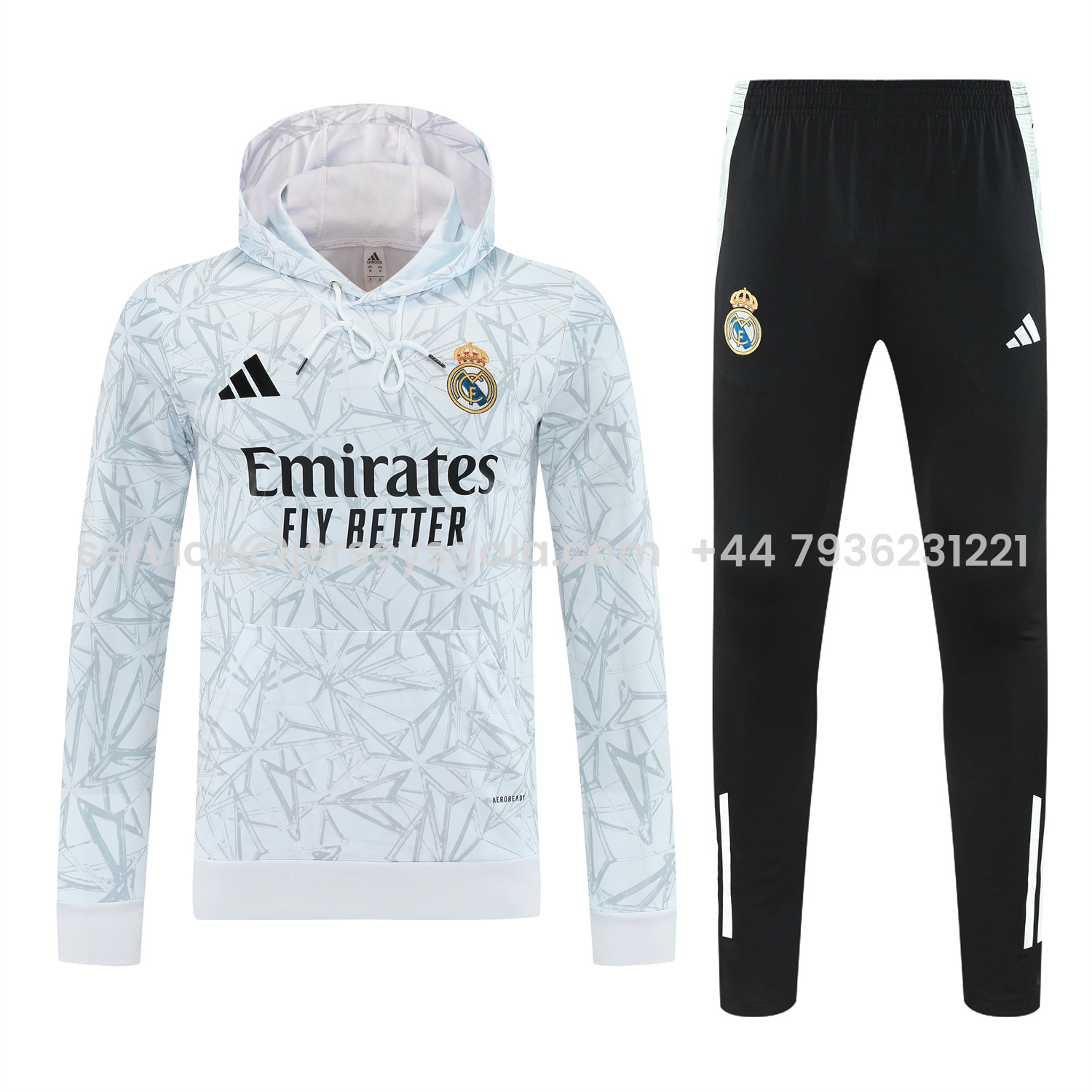 JerseysGala.com | Real Madrid 25-26 Traning Hoodie Set - Triangular Spots White Hoodie With Black Pants -Customize Name, Number and Patch | Worldwide Shipping