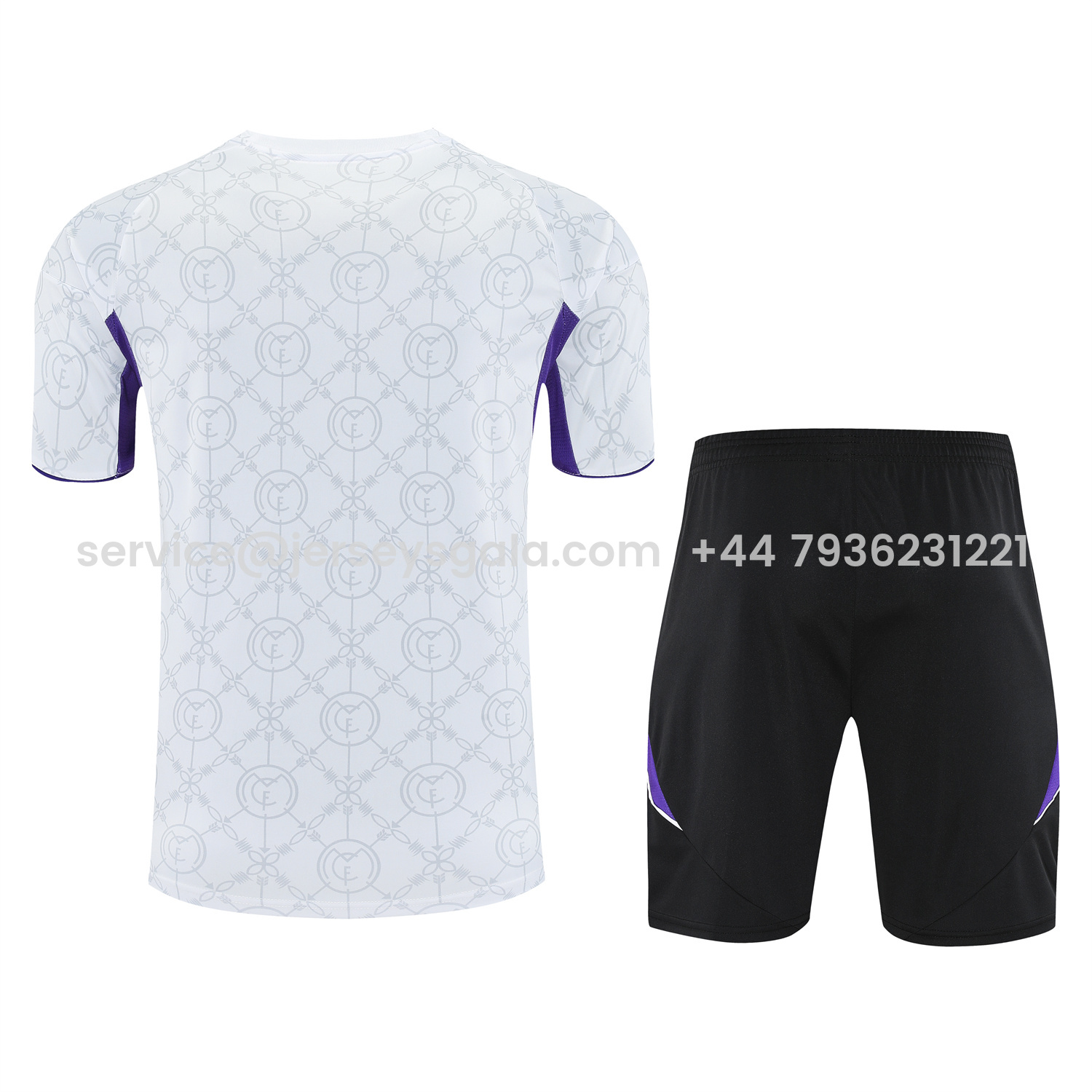 JerseysGala.com | Real Madrid 25-26 Short-Sleeve Training Set - Blue Edge White Top & Black Shorts -Customize Name, Number and Patch | Worldwide Shipping