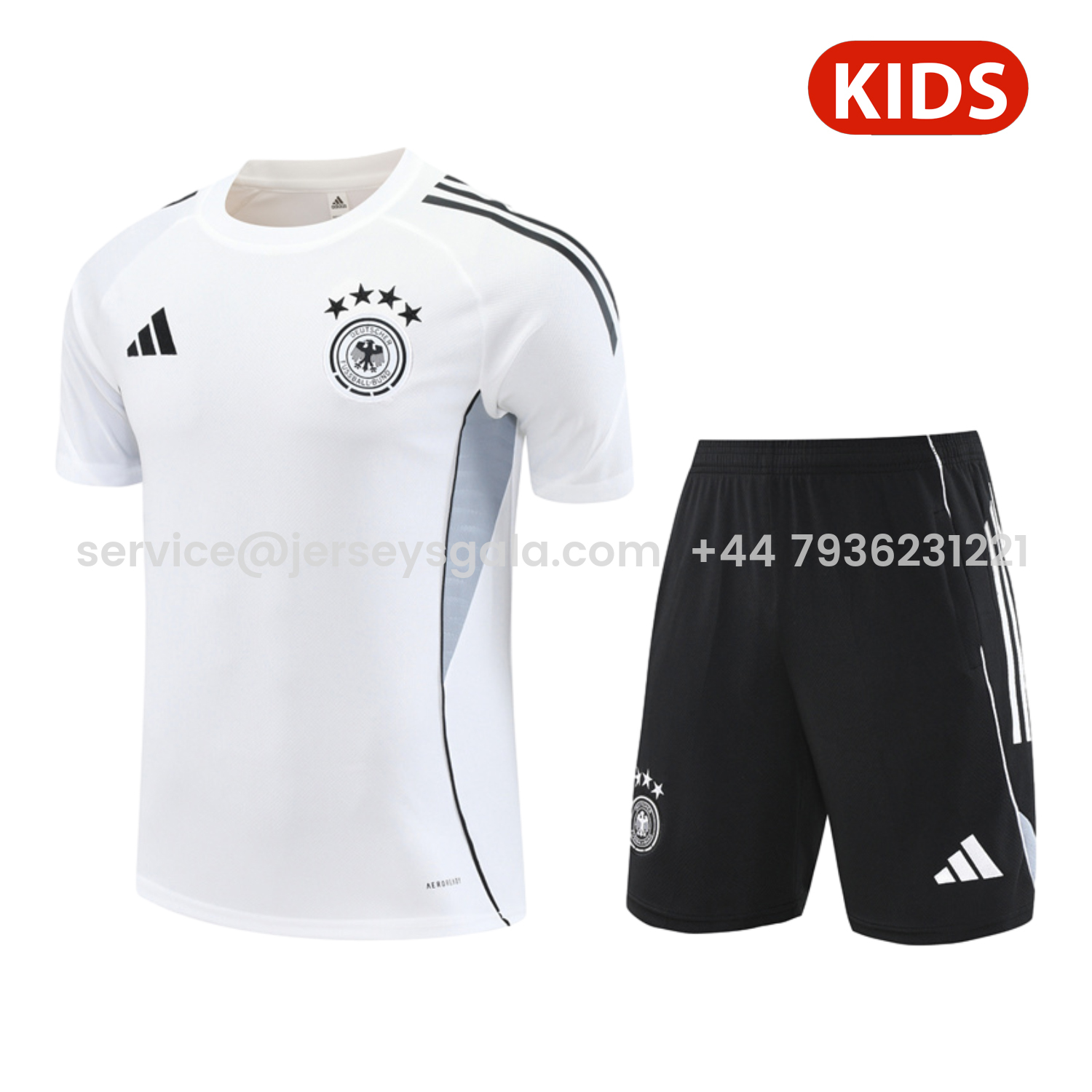 JerseysGala.com | Germany 25-26 Kids Short-Sleeve Training Set - White Top & Black Shorts -Customize Name, Number and Patch | Worldwide Shipping