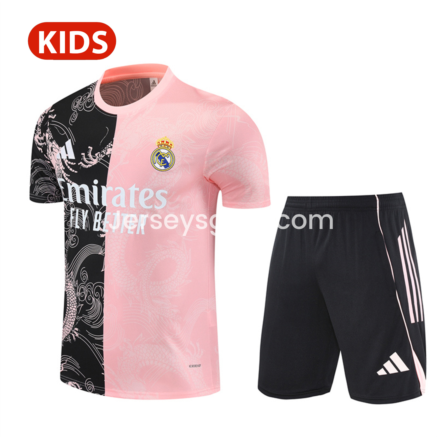 JerseysGala.com | Real Madrid 25-26 Kid Short-Sleeve Training Set - Pink Black Top & Black Shorts -Customize Name, Number and Patch | Worldwide Shipping