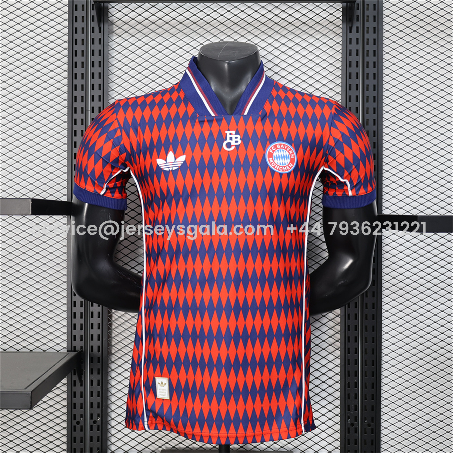 JerseysGala.com | Bayern Munich 25-26 Trefoil Retro Style Red And Deep Blue Jersey - Player Version -Customize Name, Number and Patch | Worldwide Shipping