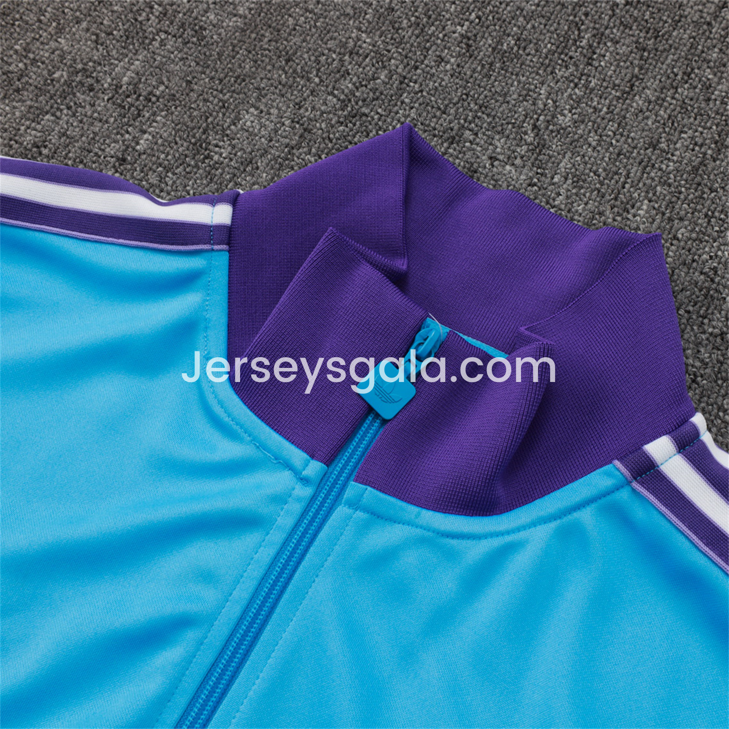 JerseysGala.com | Real Madrid 25-26 Throwback Trefoil Jacket Training Tracksuit - Blue Jackets & Purple Pants -Customize Name, Number and Patch | Worldwide Shipping