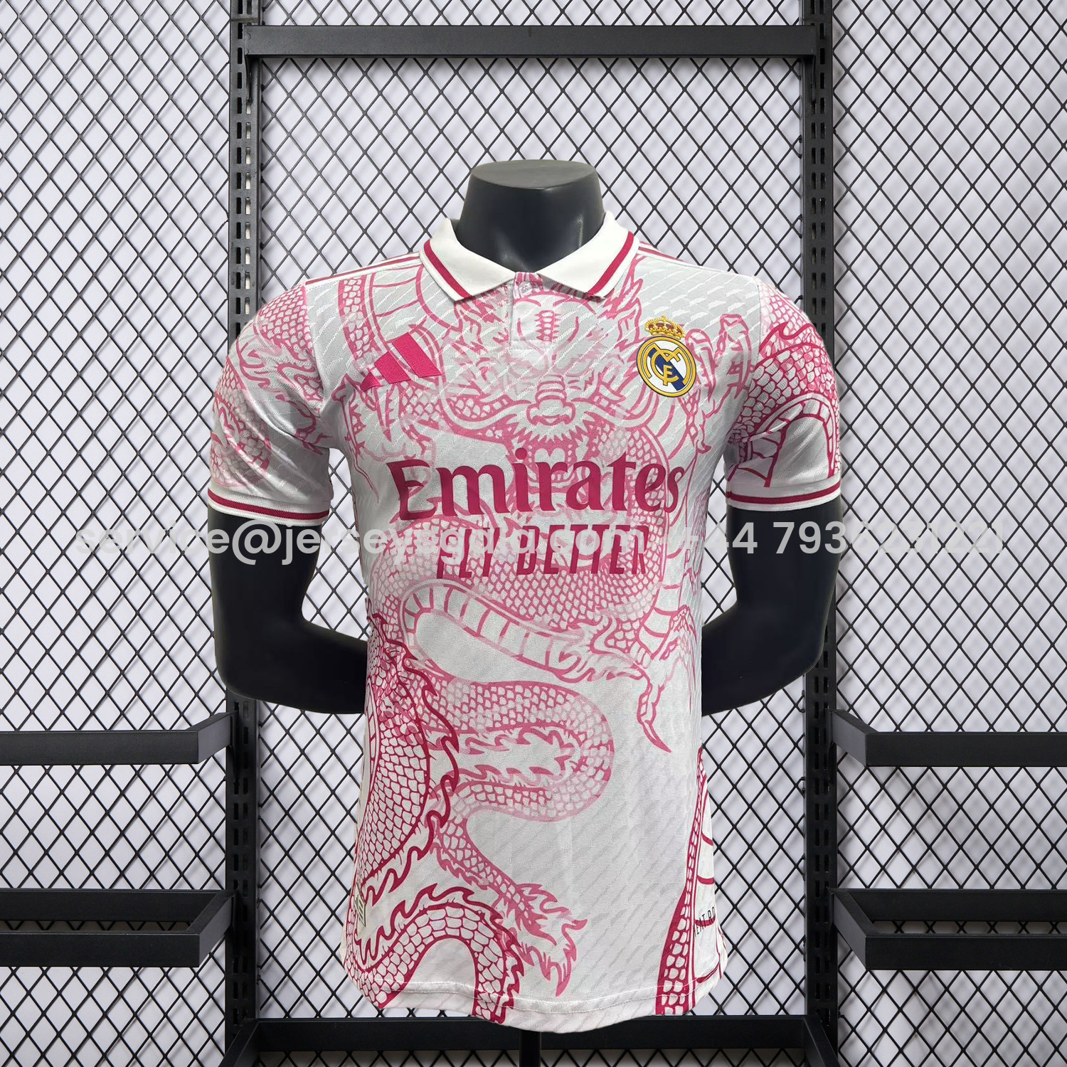 JerseysGala.com | Real Madrid 25-26 Pink and White Dragon Pattern Jersey - Player Version -Customize Name, Number and Patch | Worldwide Shipping