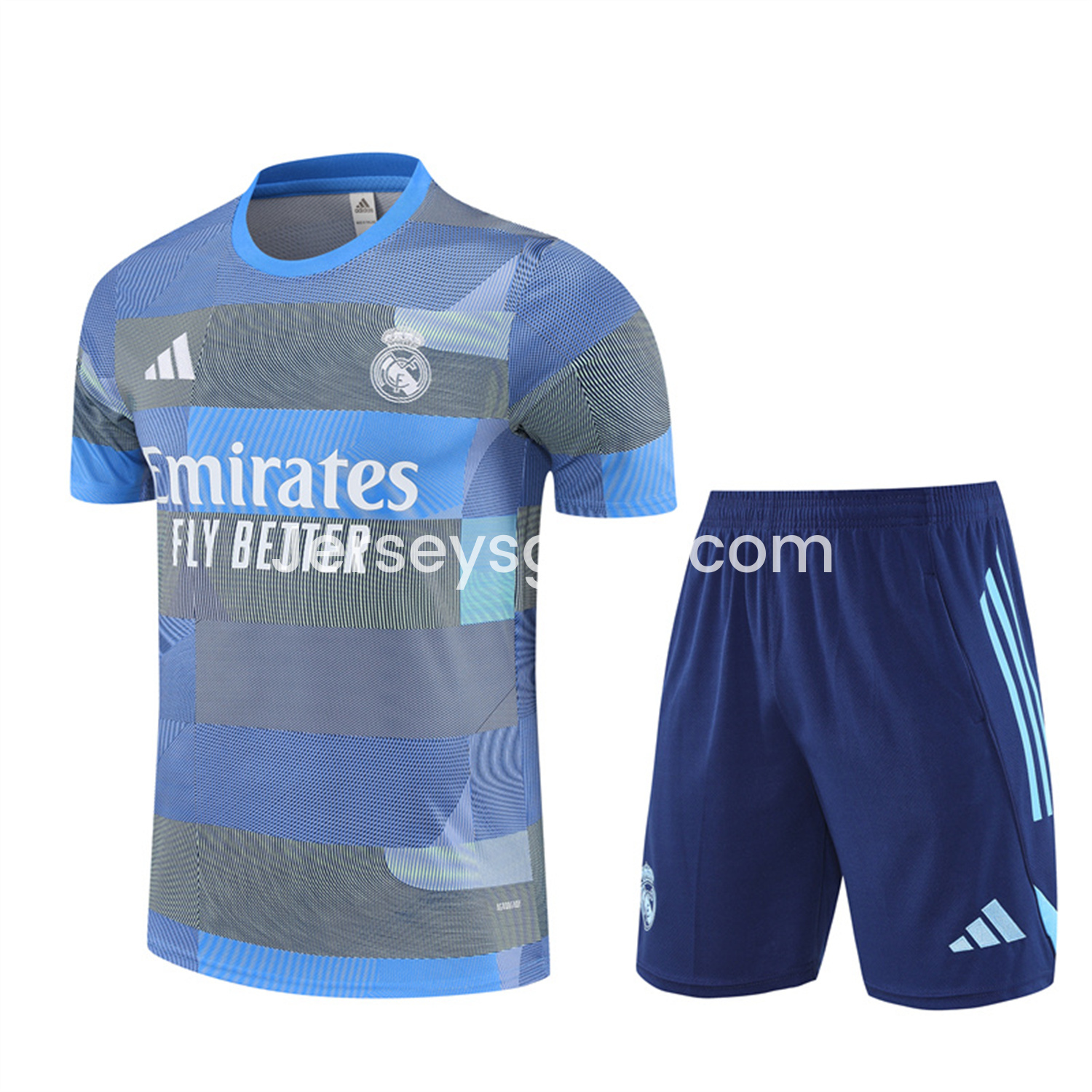 JerseysGala.com | Real Madrid 25-26 Pre-Match Short-Sleeve Training Set - Blue-Gray Camouflage Top and Blue Shorts -Customize Name, Number and Patch | Worldwide Shipping