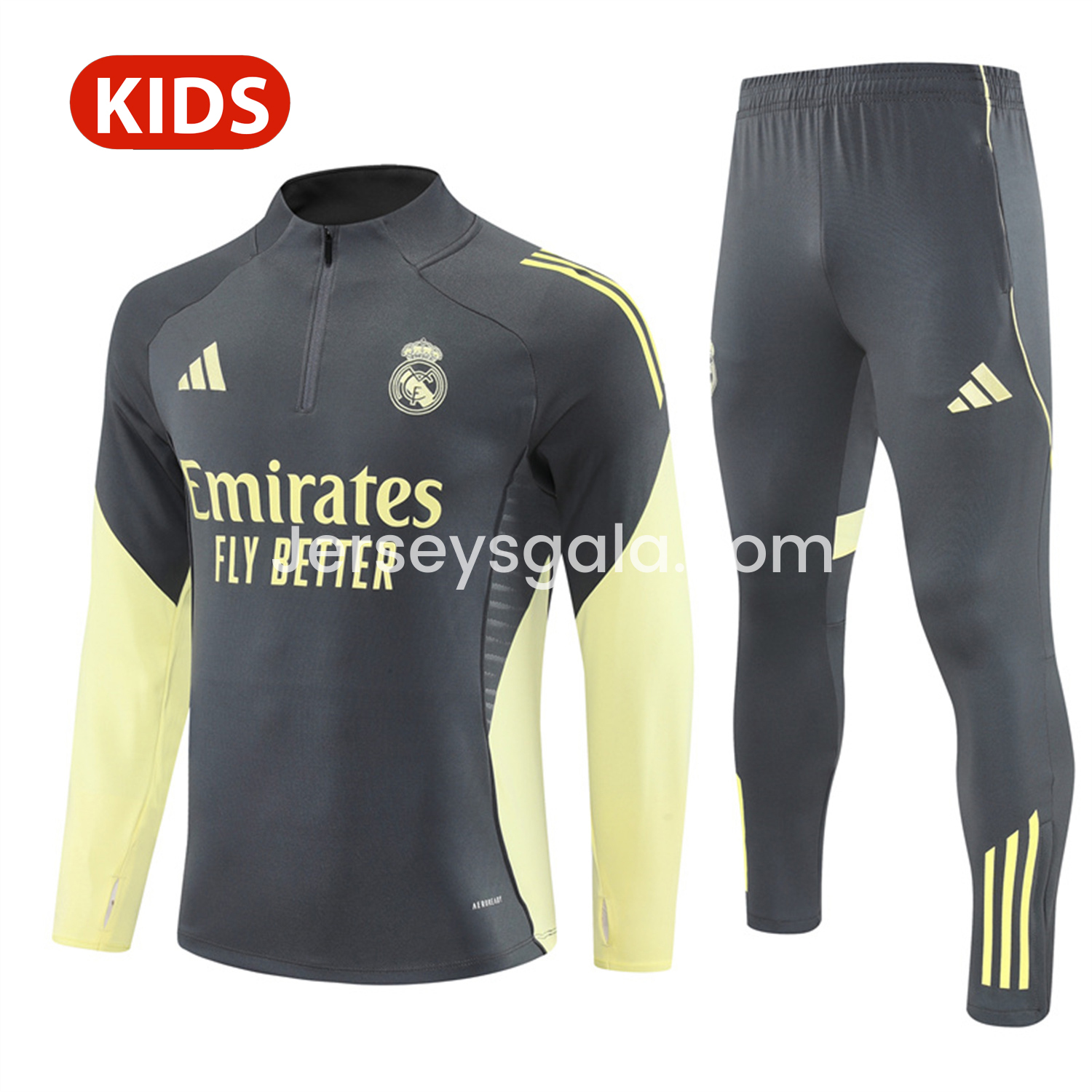 JerseysGala.com | Real Madrid 25-26 Kid Long Sleeves Training Set - Gray Top & Gray Pants -Customize Name, Number and Patch | Worldwide Shipping