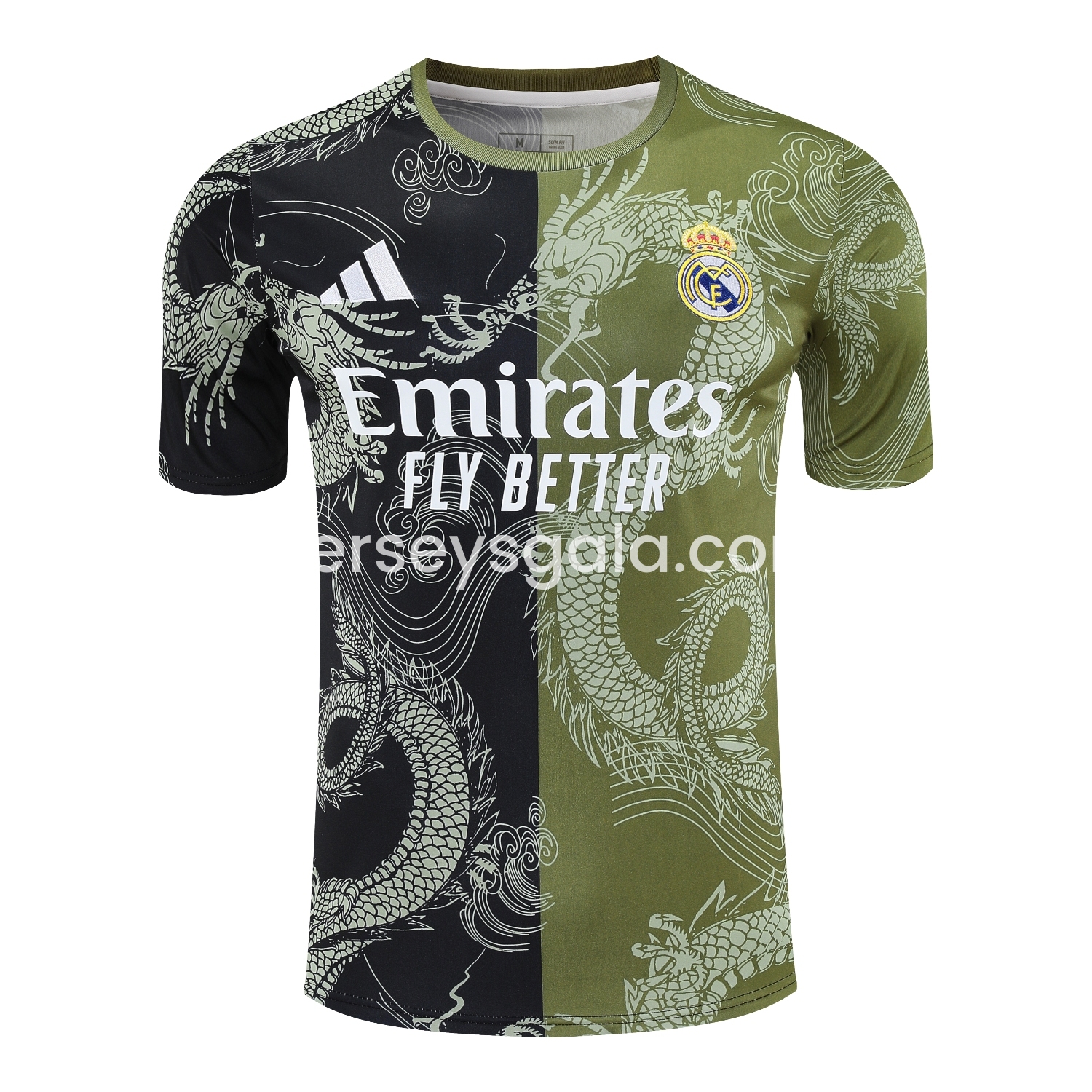 JerseysGala.com | Real Madrid 25-26 Short-Sleeve Training Set - Green-Black Dragon Top & Black-White Shorts -Customize Name, Number and Patch | Worldwide Shipping