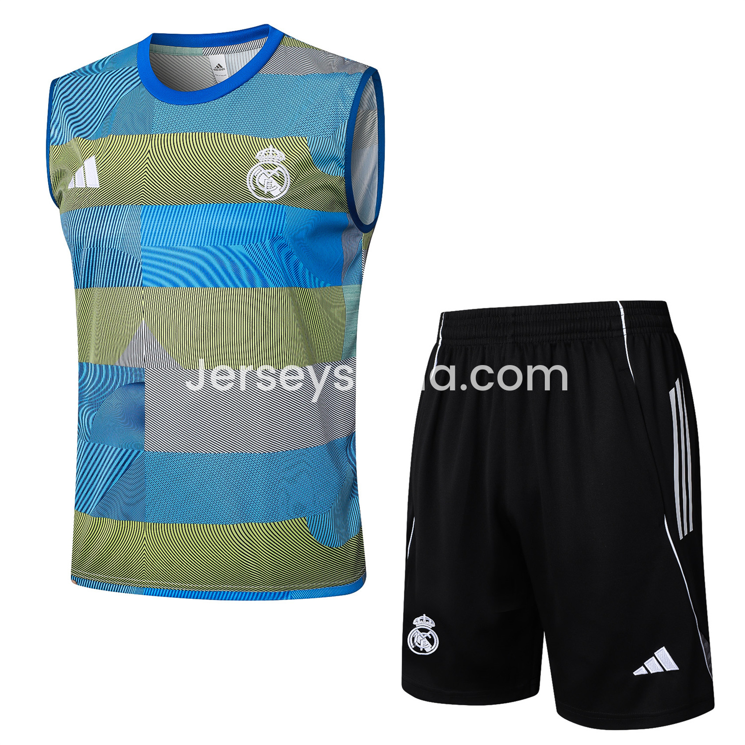 JerseysGala.com | Real Madrid 25-26 Vest Training Set - Blue-Gray Camouflage Vest and Black Shorts -Customize Name, Number and Patch | Worldwide Shipping