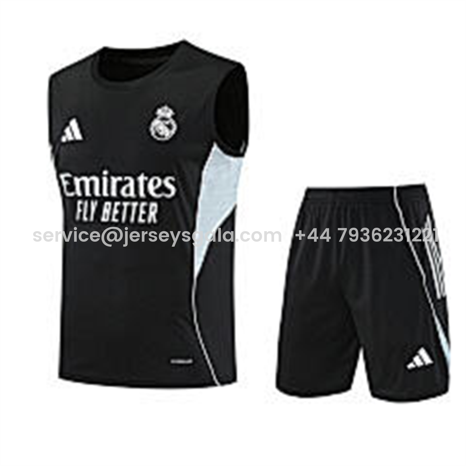 JerseysGala.com | Real Madrid 25-26 Vest Training Set - Black And Light Grey Vest & Black Shorts -Customize Name, Number and Patch | Worldwide Shipping