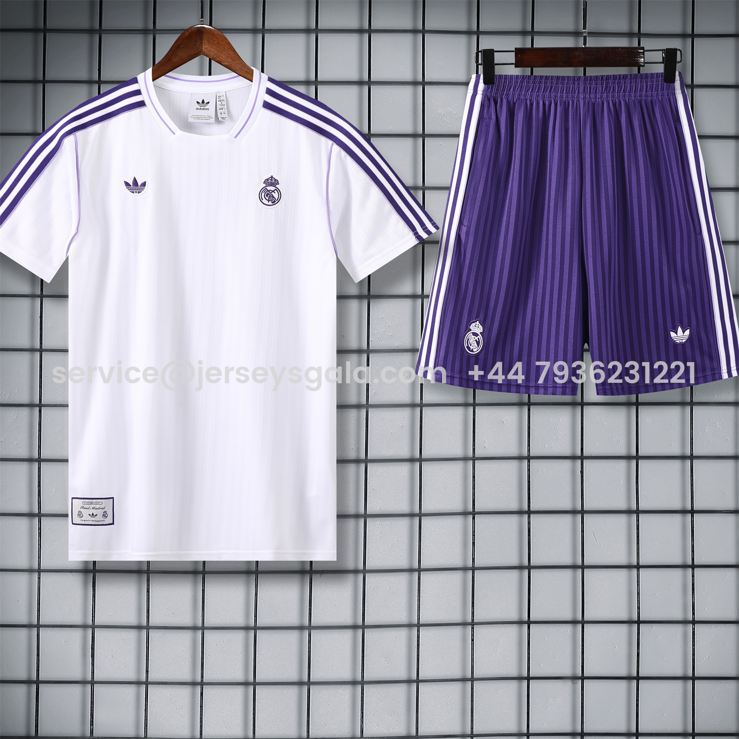 JerseysGala.com | Real Madrid 25-26 Short-Sleeve Training Set - Purple And White Top & Purple Shorts -Customize Name, Number and Patch | Worldwide Shipping