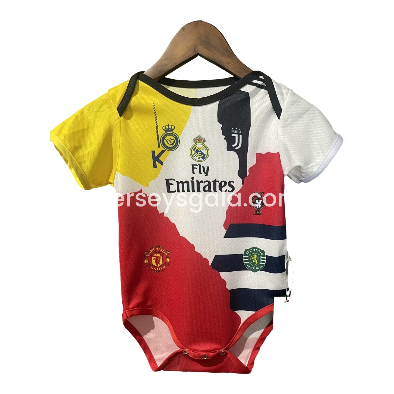 JerseysGala.com | Cristiano Ronaldo Career Commemorative Baby Crawling Suit - Real Madrid Juventus Portugal Manchester United Al Nassr Sporting CP -Customize Name, Number and Patch | Worldwide Shipping