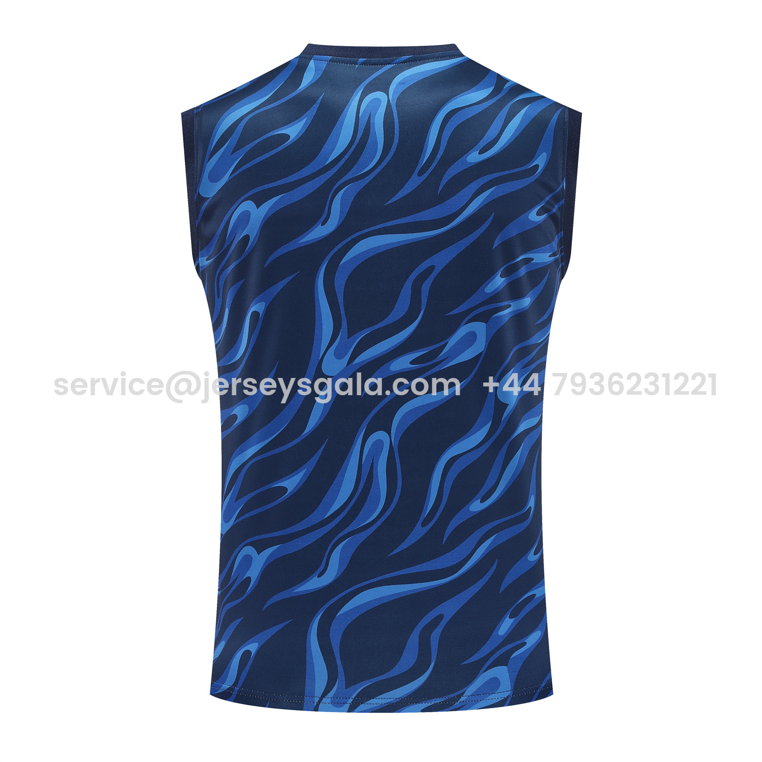JerseysGala.com | Real Madrid 25-26 Vest Training Set - Blue Water Pattern Top & Deep Blue Shorts -Customize Name, Number and Patch | Worldwide Shipping
