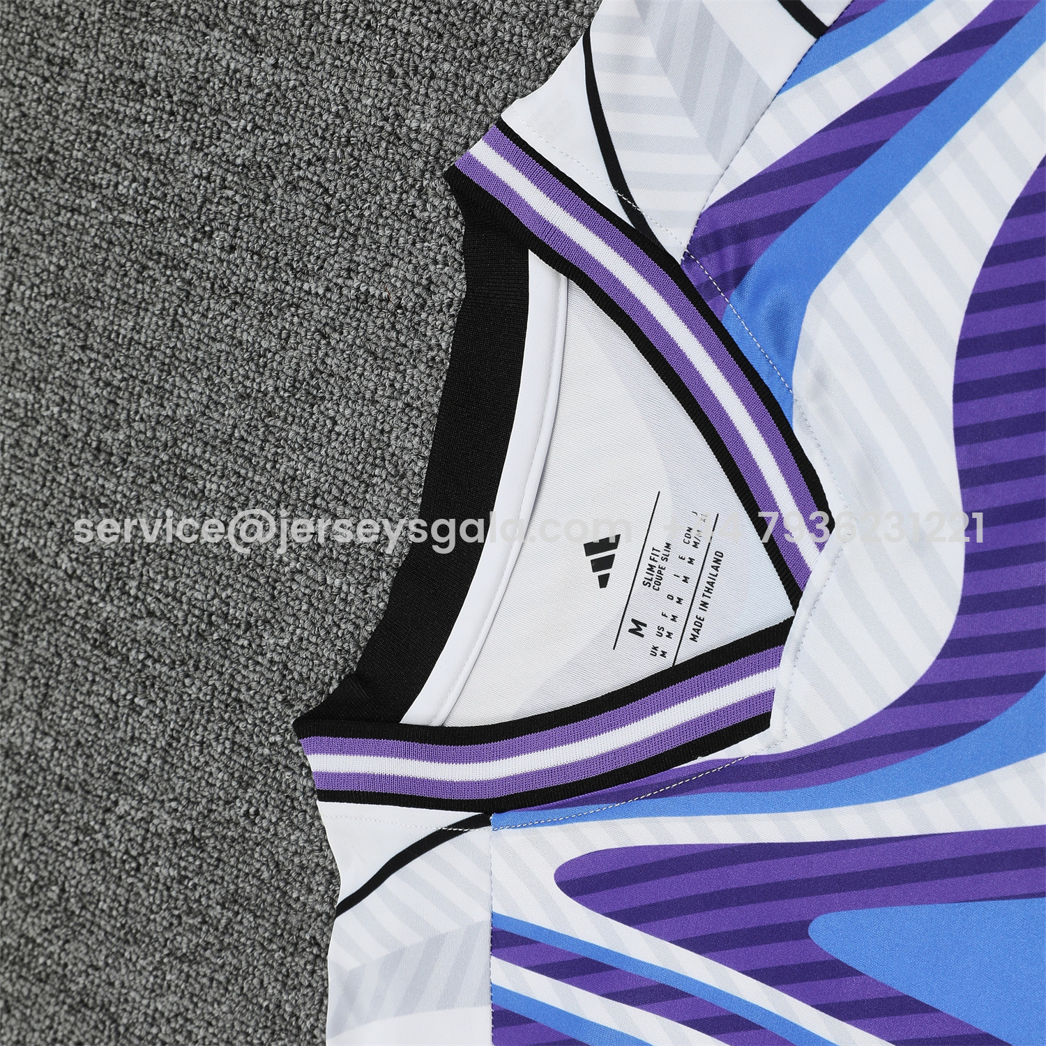 JerseysGala.com | Real Madrid 25-26 Short-Sleeve Training Set - Blue Purple Curve Pattern Top & Black Shorts -Customize Name, Number and Patch | Worldwide Shipping