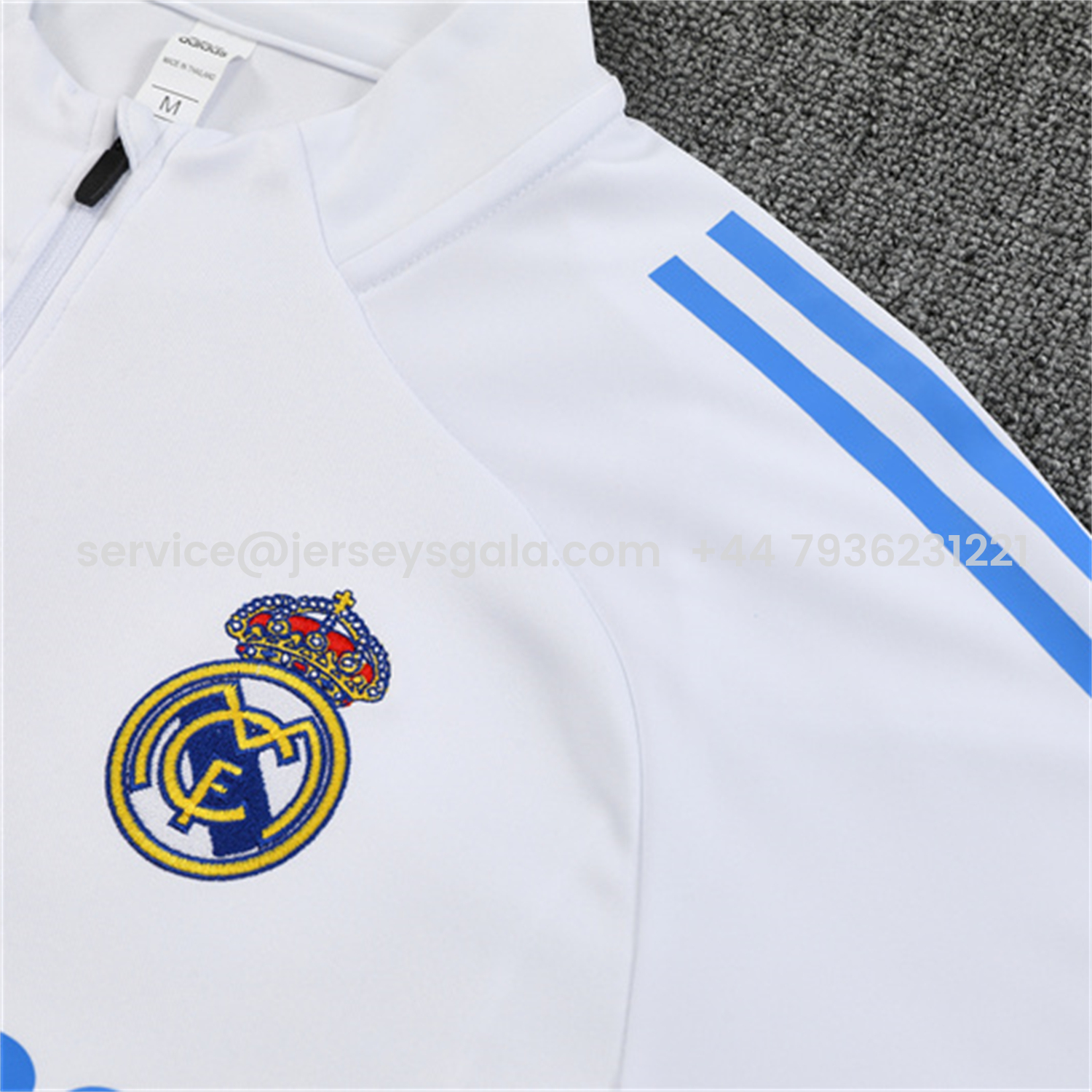 JerseysGala.com | Real Madrid 25-26 Kids Long Sleeve Training Set - White Top & Blue Pants -Customize Name, Number and Patch | Worldwide Shipping
