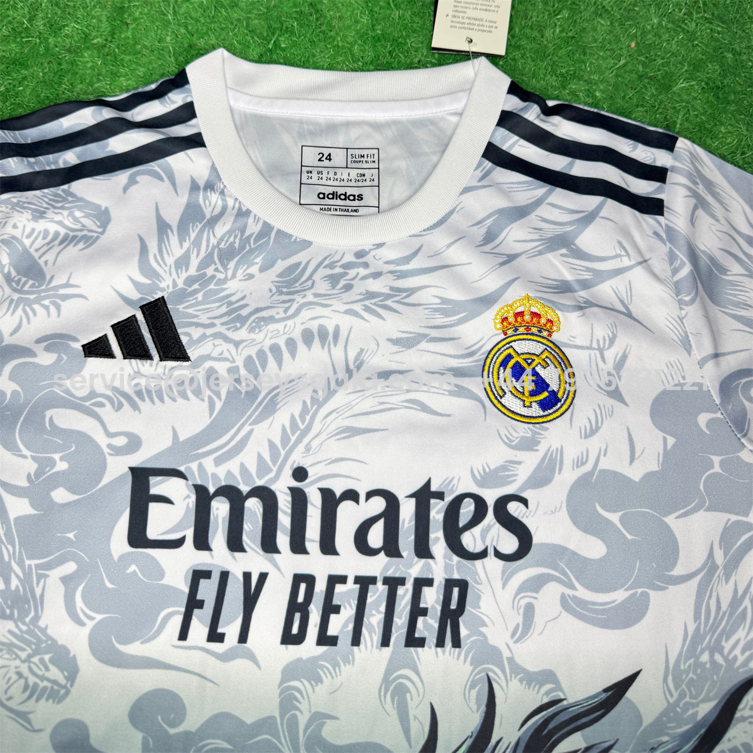 JerseysGala.com | Real Madrid 25-26 Green Fire Black Dragon White Special Kids Kit -Customize Name, Number and Patch | Worldwide Shipping
