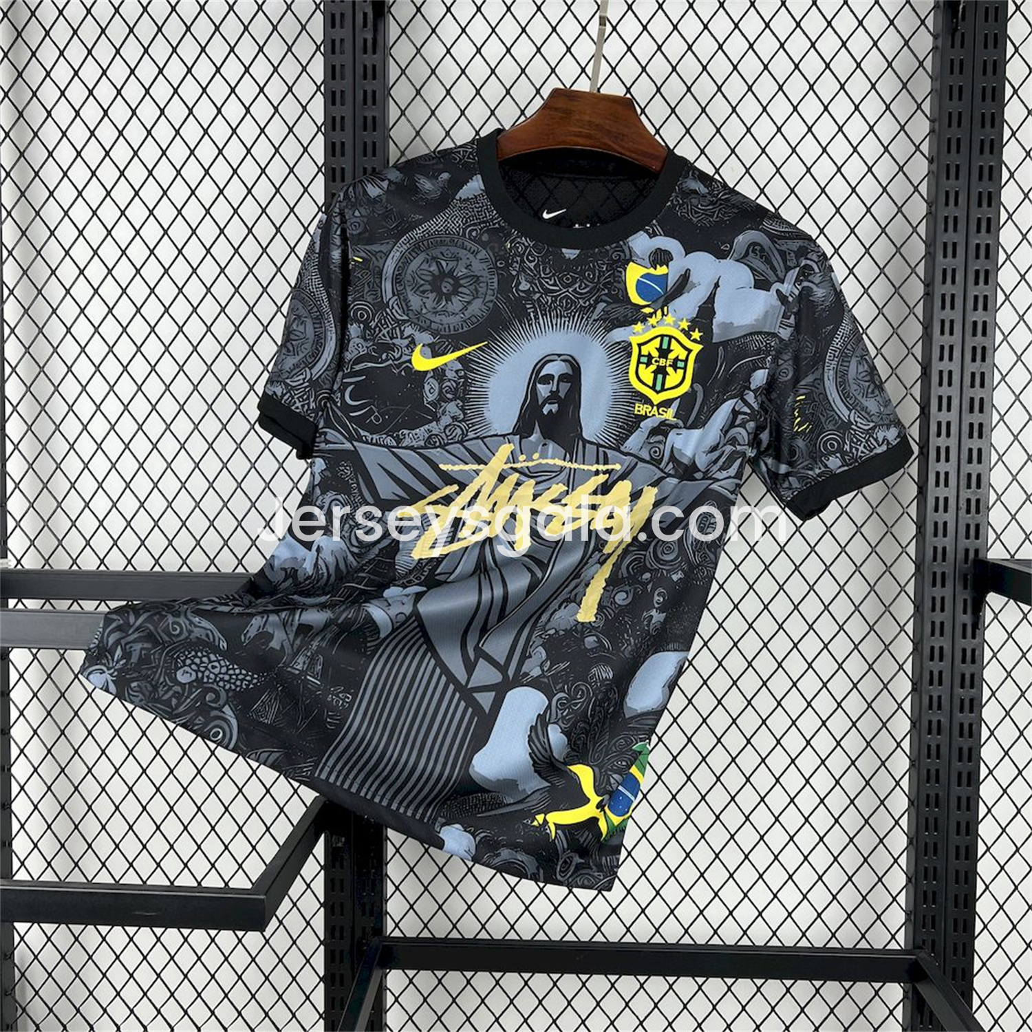 JerseysGala.com | Brazil 2024-25 X STUSSY Black Christ the Redeemer Statue Jersey - Fans Version -Customize Name, Number and Patch | Worldwide Shipping