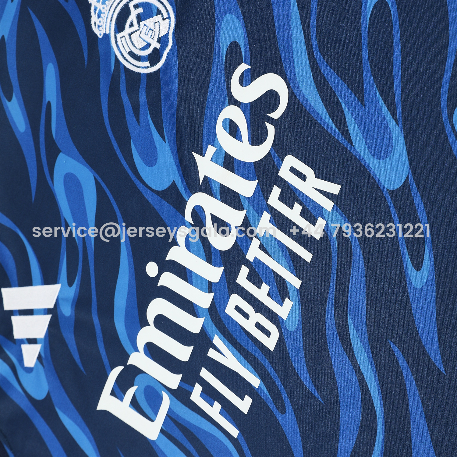 JerseysGala.com | Real Madrid 25-26 Vest Training Set - Blue Water Pattern Top & Deep Blue Shorts -Customize Name, Number and Patch | Worldwide Shipping