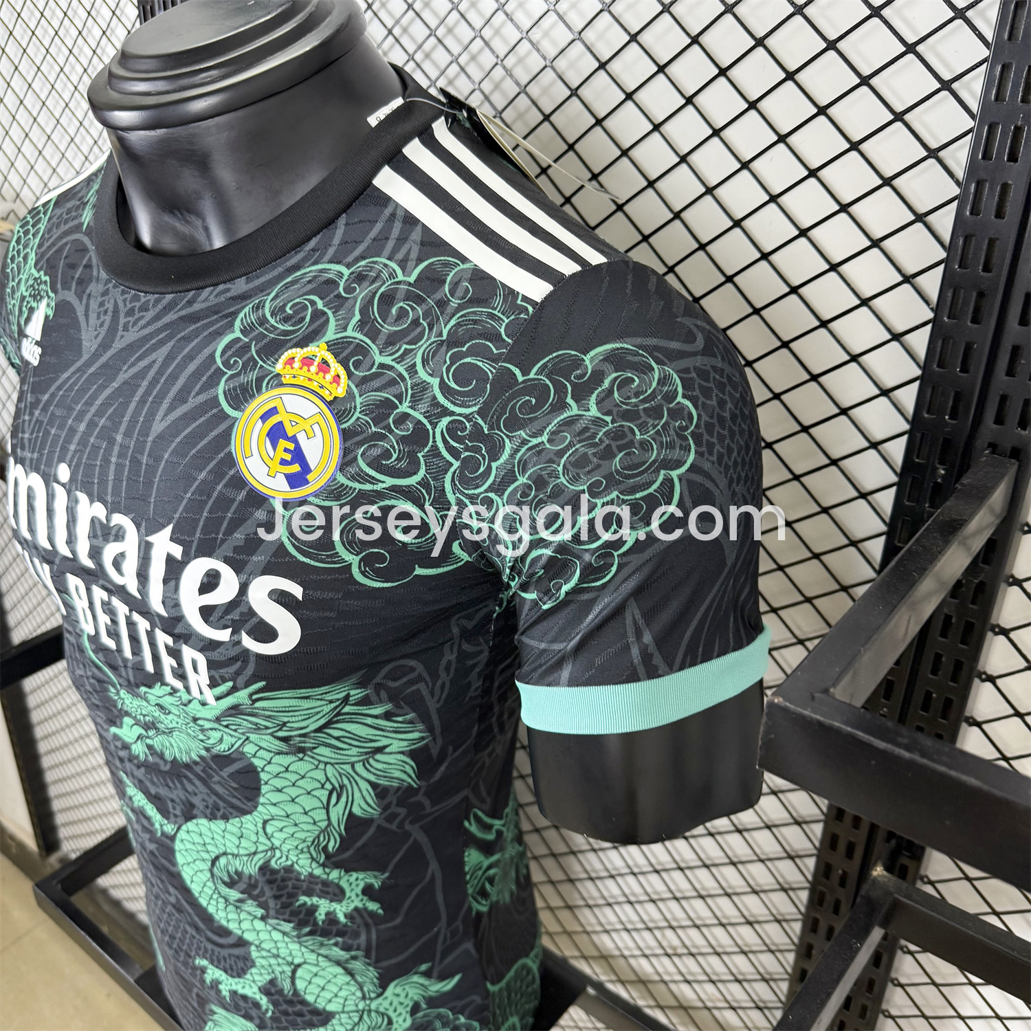 JerseysGala.com | Real Madrid 25-26 Green Dragon Soars Black Jersey - Player Version -Customize Name, Number and Patch | Worldwide Shipping