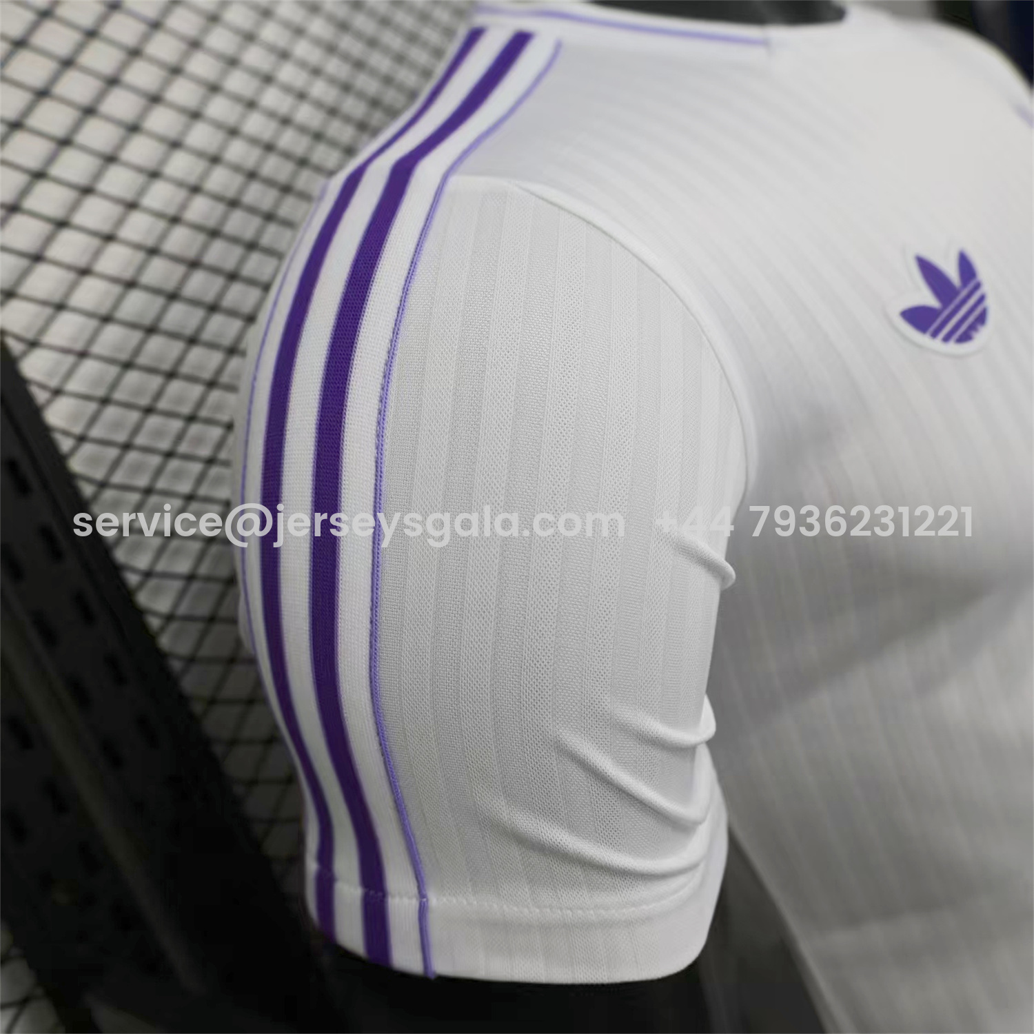 JerseysGala.com | Real Madrid 25-26 Purple Logo White Jersey - Player Version -Customize Name, Number and Patch | Worldwide Shipping