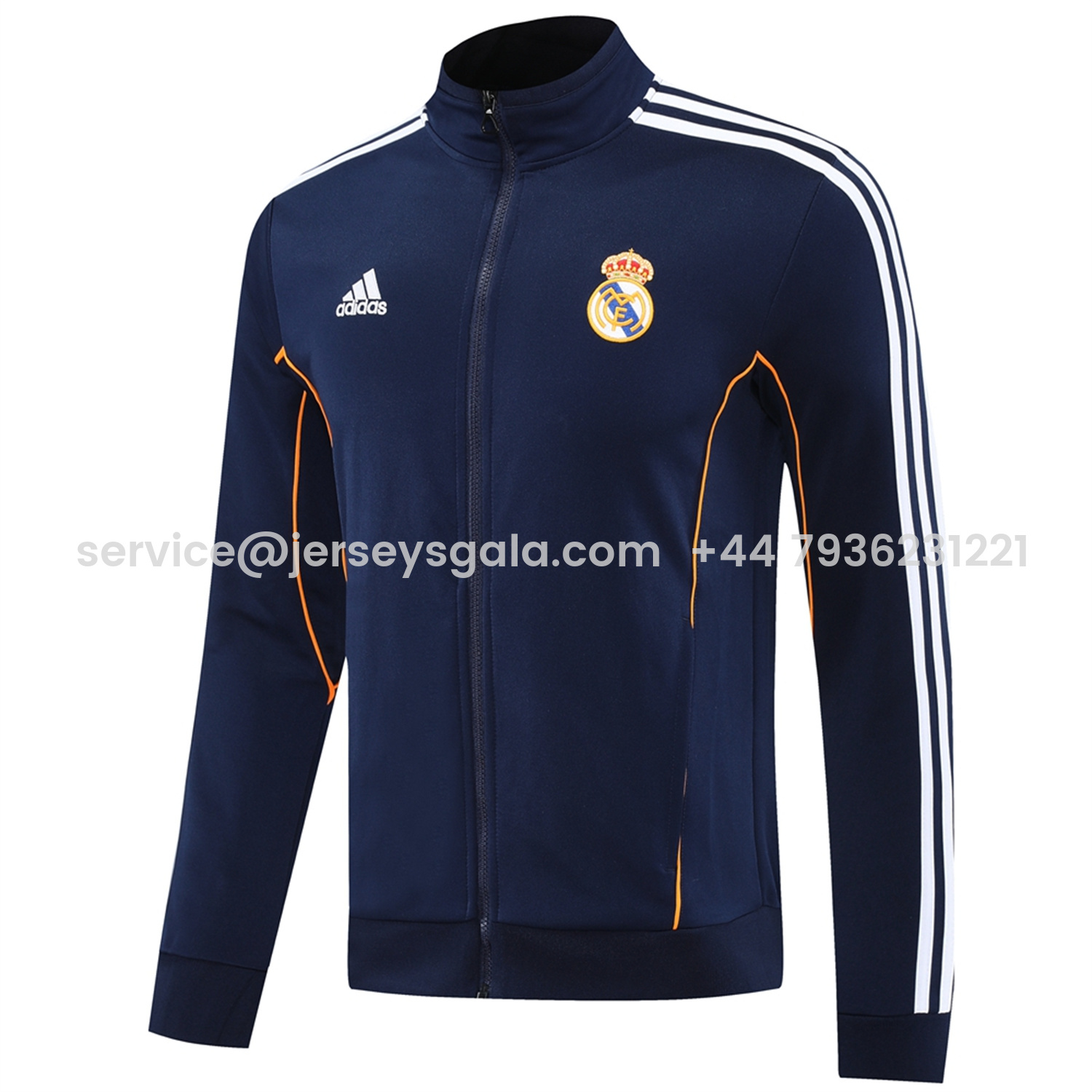 JerseysGala.com | Real Madrid 25-26 Jacket Training Tracksuit - Royal Blue Jackets & Pants with Orange Lines -Customize Name, Number and Patch | Worldwide Shipping