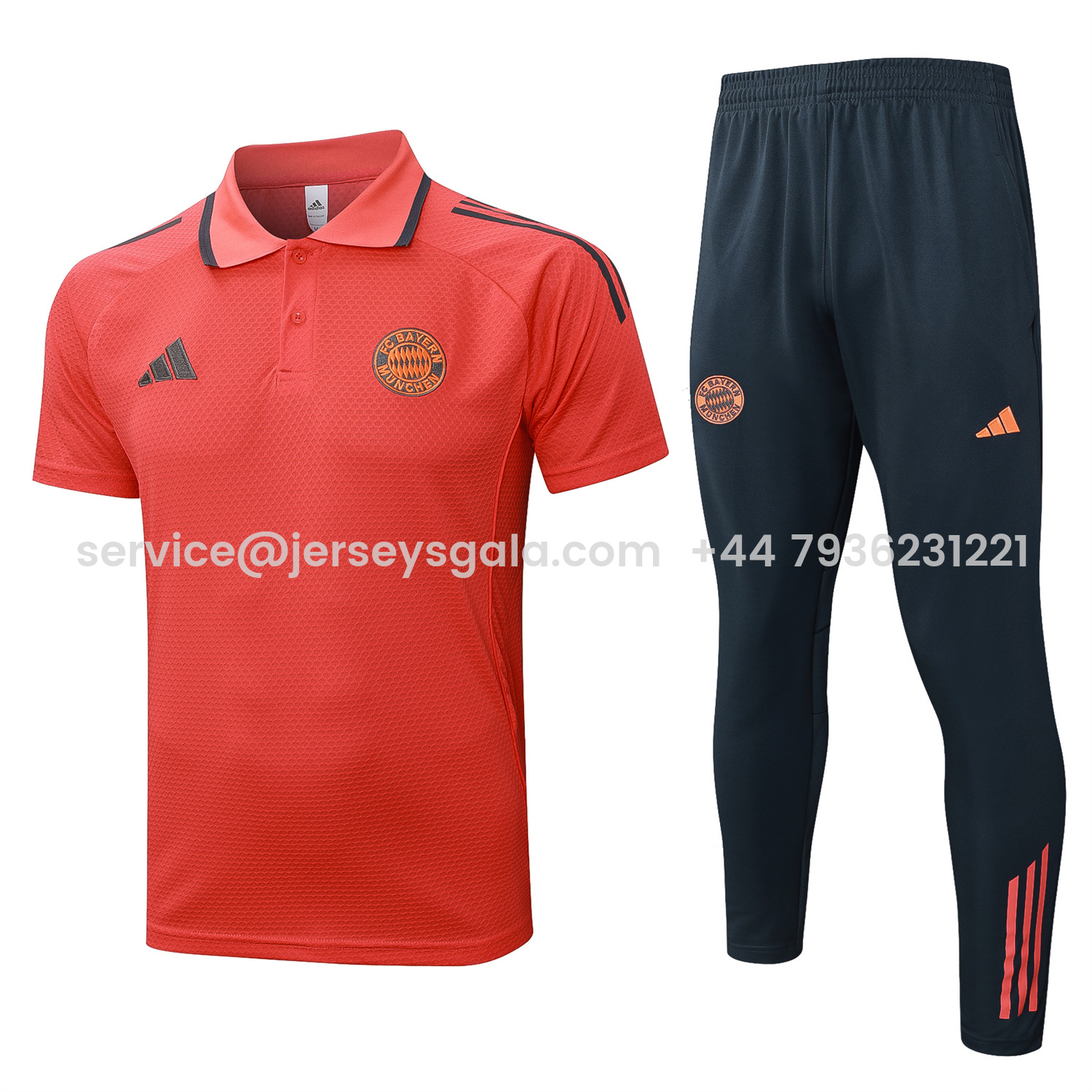 JerseysGala.com | Bayern Munich 25-26 POLO Short-Sleeve Training Set - Orange Top and Deep Grey Pants -Customize Name, Number and Patch | Worldwide Shipping