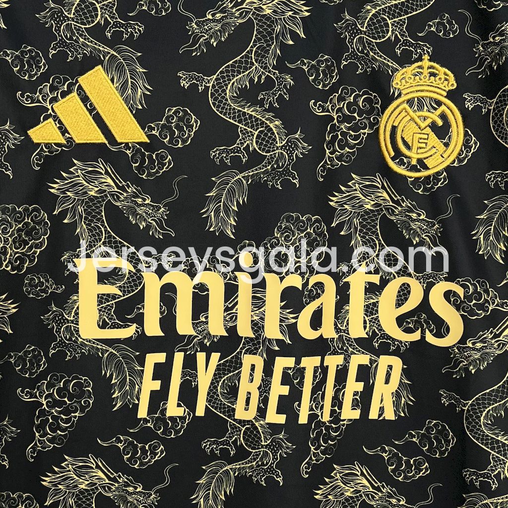JerseysGala.com | Real Madrid 25-26 Golden Chinese Dragon Pattern Black Jersey - Fans Version -Customize Name, Number and Patch | Worldwide Shipping