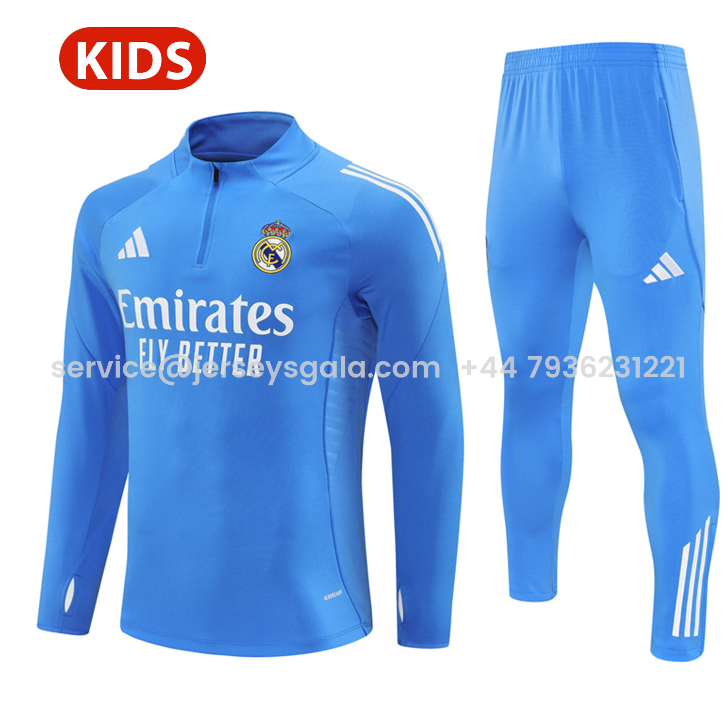 JerseysGala.com | Real Madrid 25-26 Kids Long Sleeve Training Set - Bright Blue Top & Pants -Customize Name, Number and Patch | Worldwide Shipping