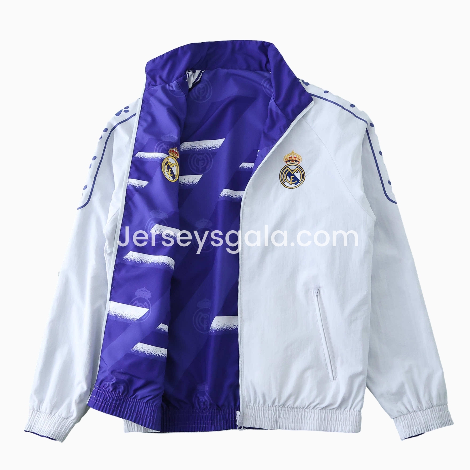 JerseysGala.com | Retro Real Madrid 1995-96 Home & Away Double Sided Reversible Windbreaker - White & Purple -Customize Name, Number and Patch | Worldwide Shipping