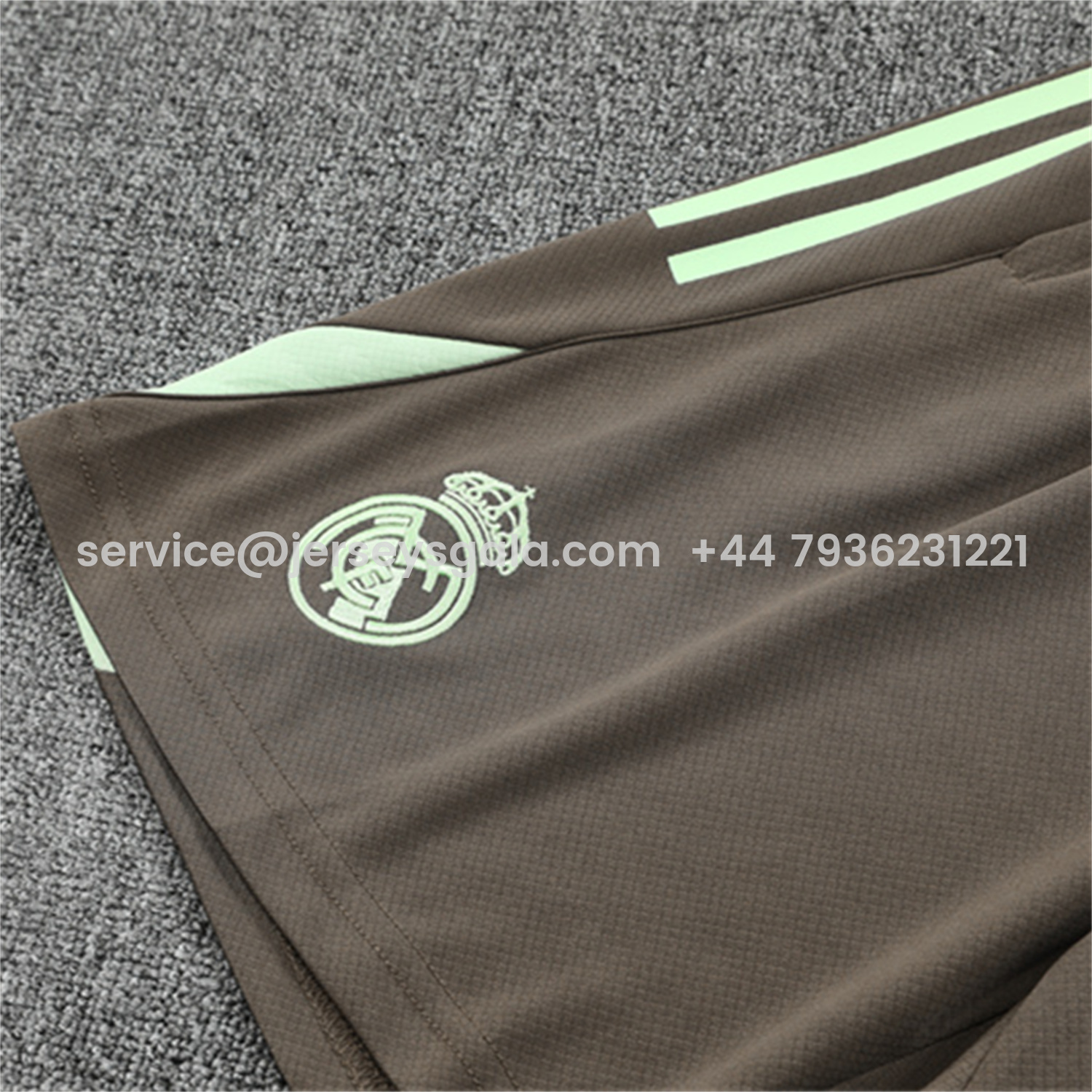 JerseysGala.com | Real Madrid 25-26 Kids Short-Sleeve Training Set - Dark Khaki Top and Shorts -Customize Name, Number and Patch | Worldwide Shipping