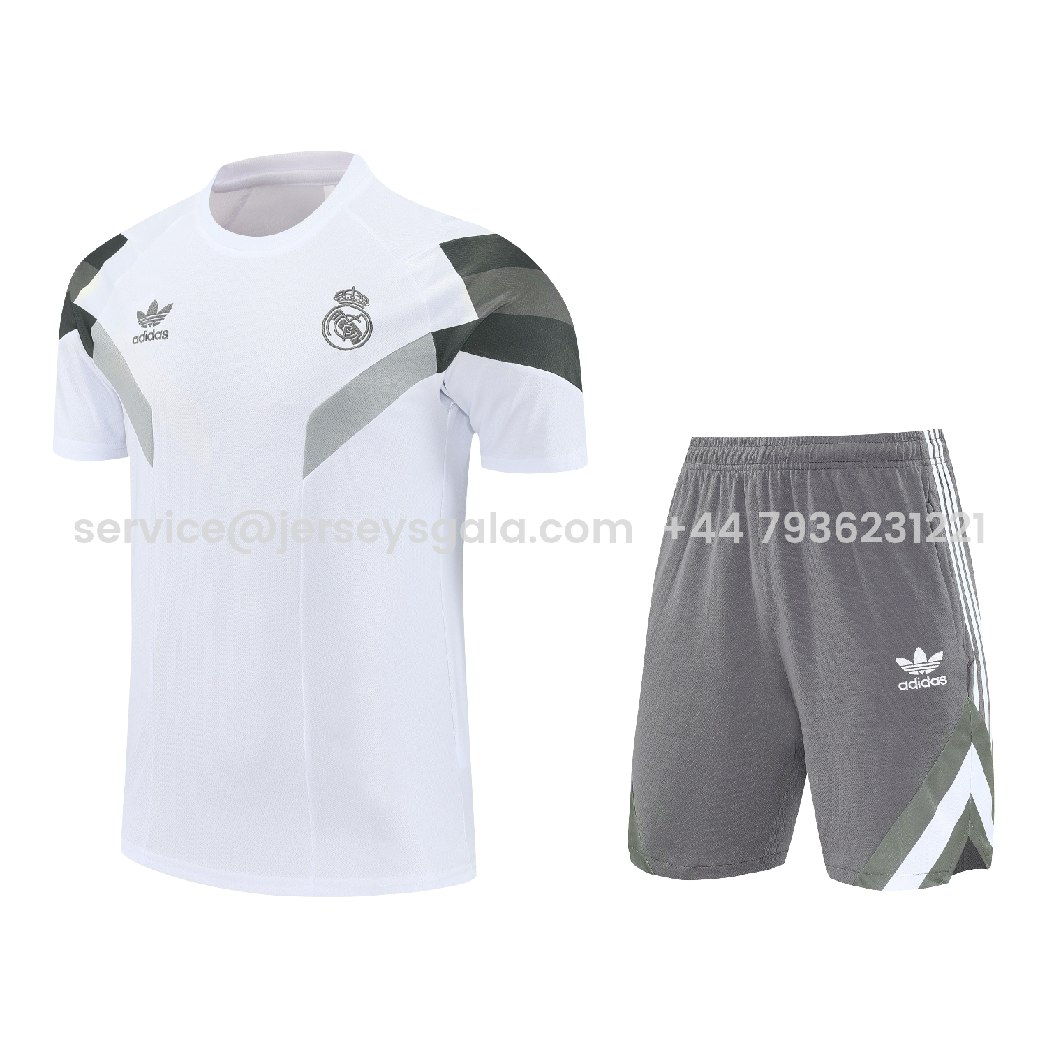 JerseysGala.com | Real Madrid 25-26 Short-Sleeve Training Set - White Top & Gray Shorts -Customize Name, Number and Patch | Worldwide Shipping