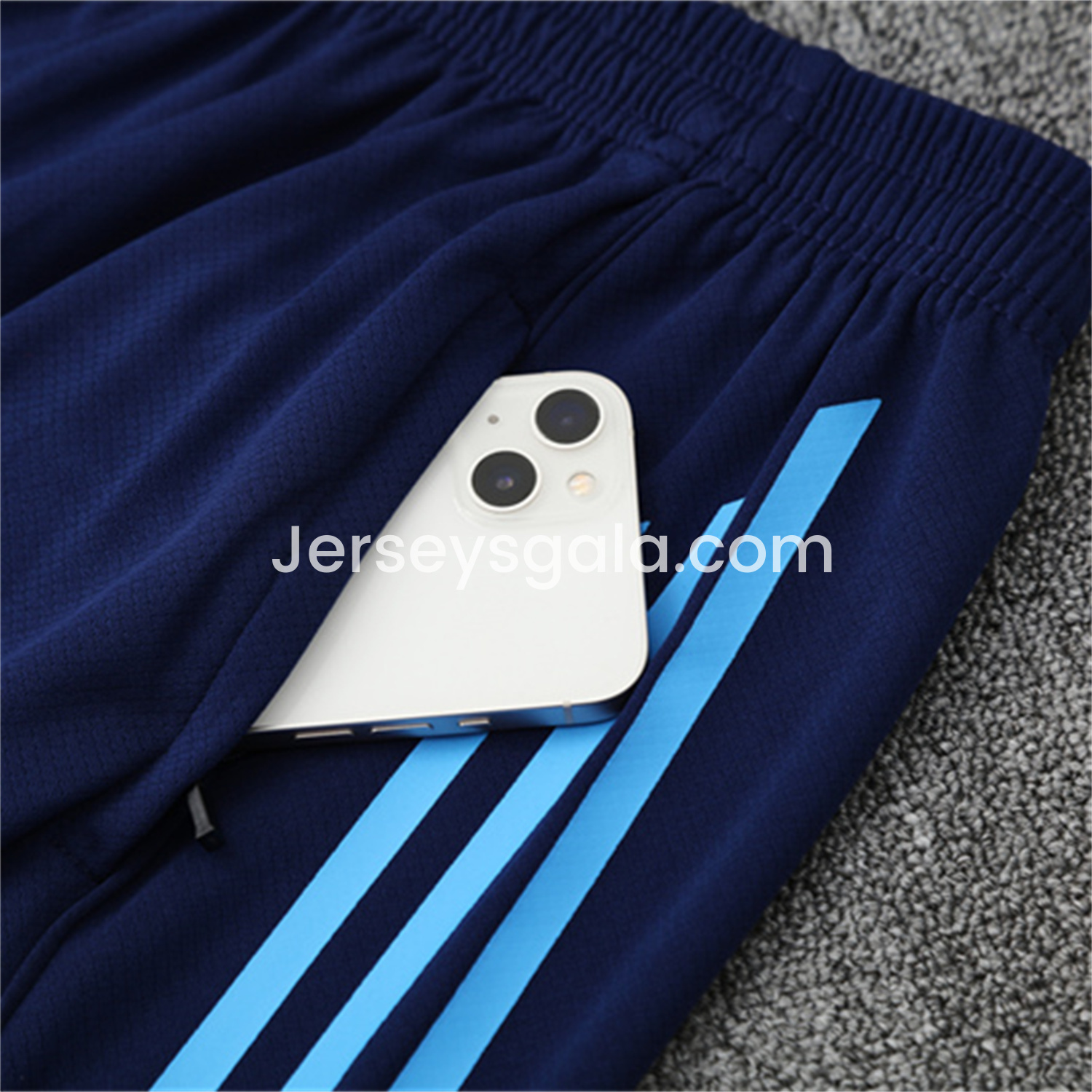 JerseysGala.com | Real Madrid 25-26 Pre-Match Kids Short-Sleeve Training Set - Blue-Gray Camouflage Top and Blue Shorts -Customize Name, Number and Patch | Worldwide Shipping