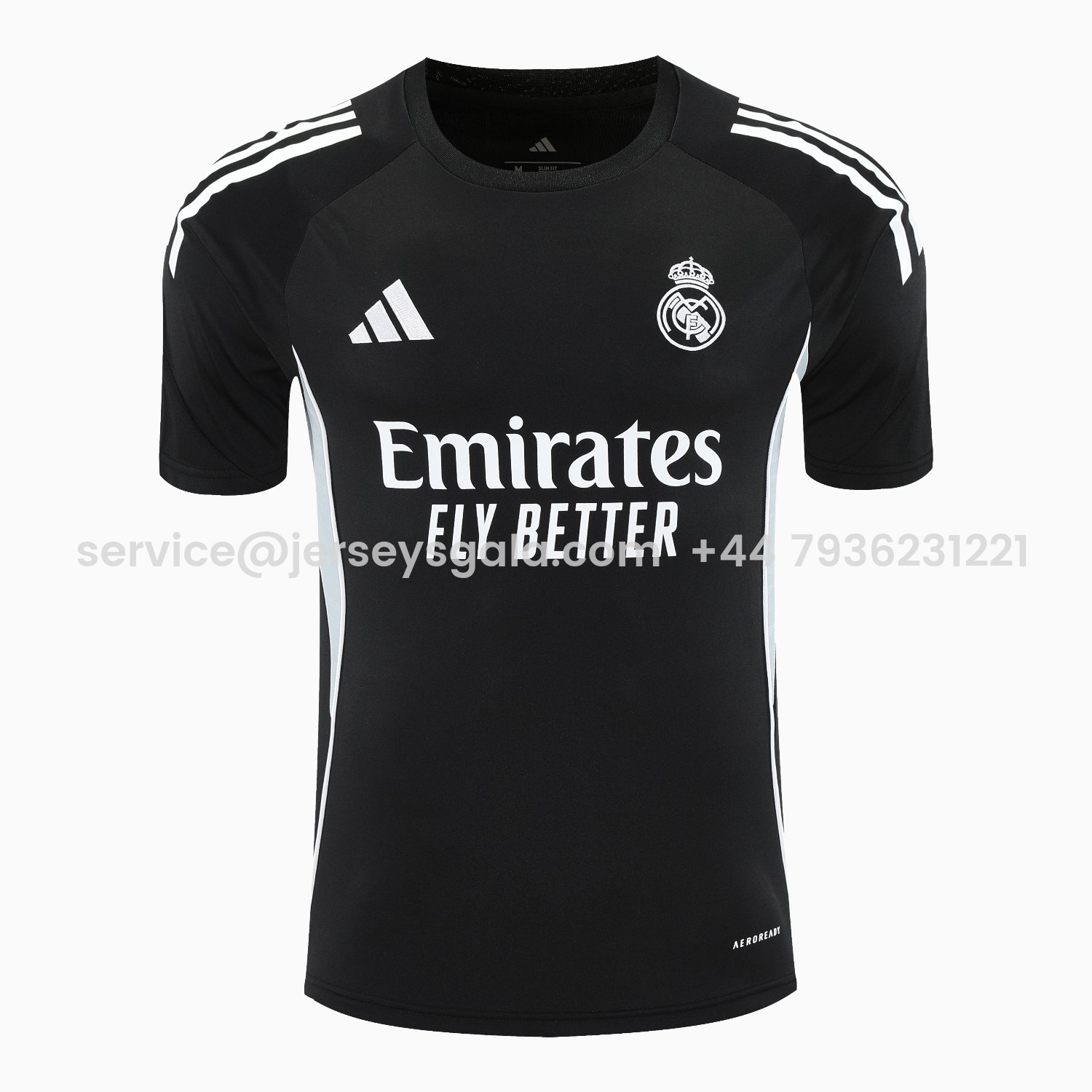 JerseysGala.com | Real Madrid 25-26 Short-Sleeve Training Set - Light Grey Stripes Black Top & Black Shorts -Customize Name, Number and Patch | Worldwide Shipping