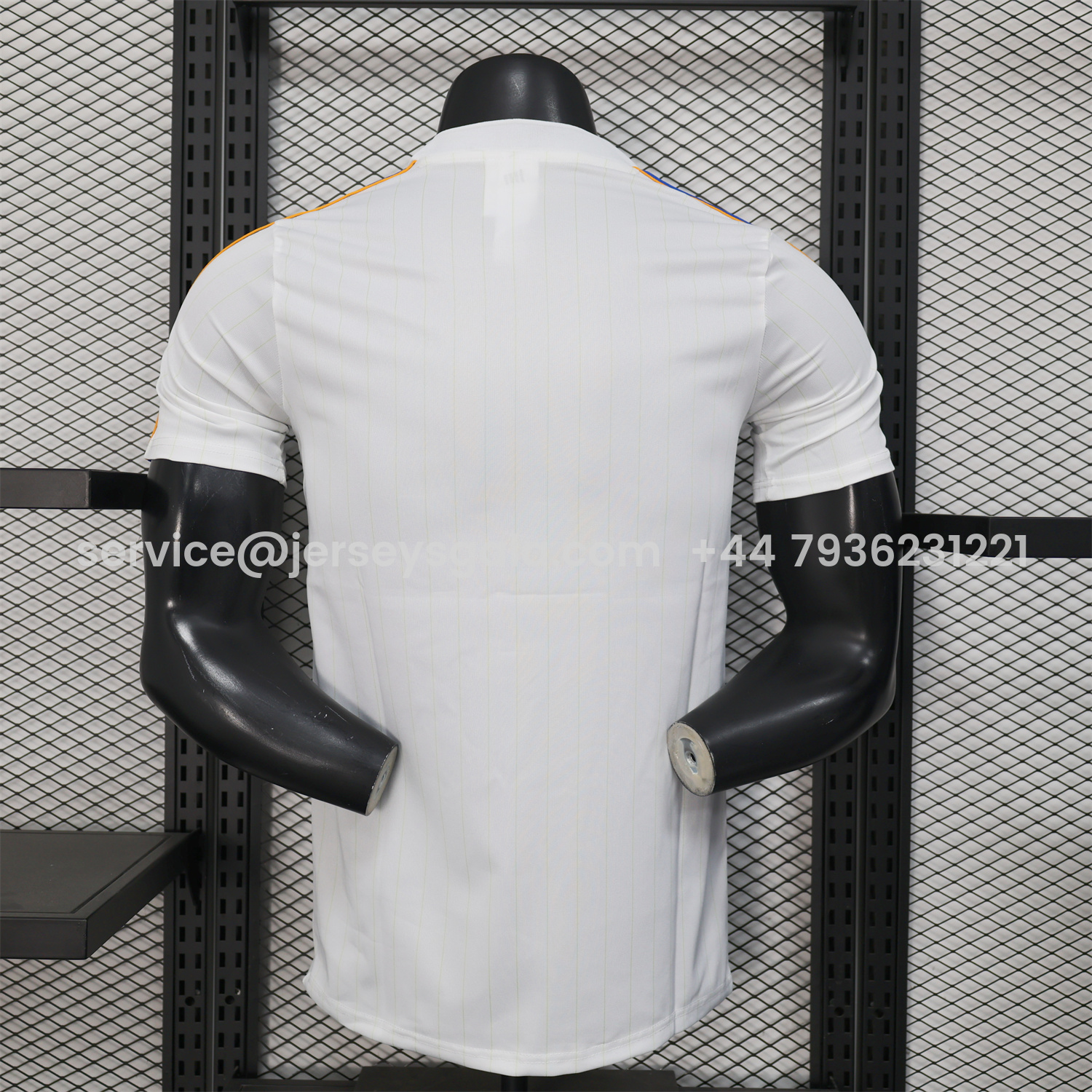 JerseysGala.com | Real Madrid 25-26 Trefoil Blue Lines White Travel Jersey - Player Version -Customize Name, Number and Patch | Worldwide Shipping