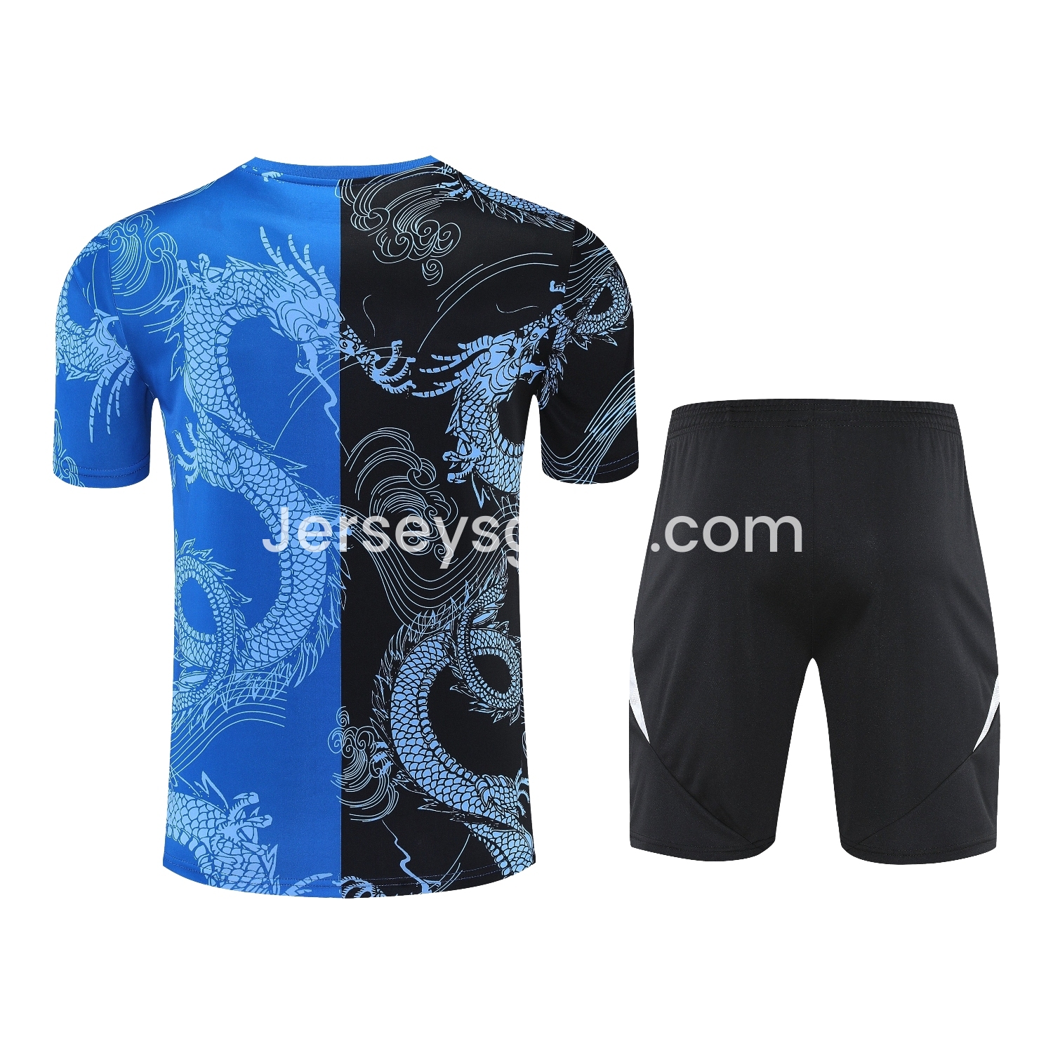 JerseysGala.com | Real Madrid 25-26 Short-Sleeve Training Set - Blue Black Dragon Top & Black-White Shorts -Customize Name, Number and Patch | Worldwide Shipping